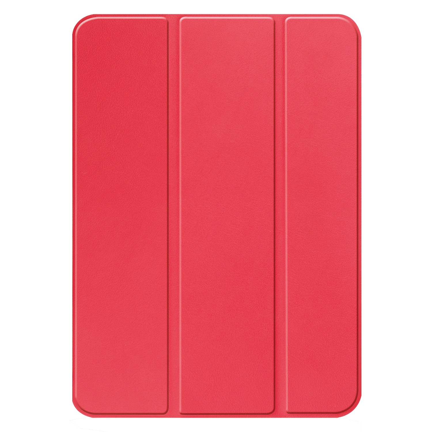 Housse de tablette rouge, fermée, avec une surface texturée, trois panneaux visibles.
