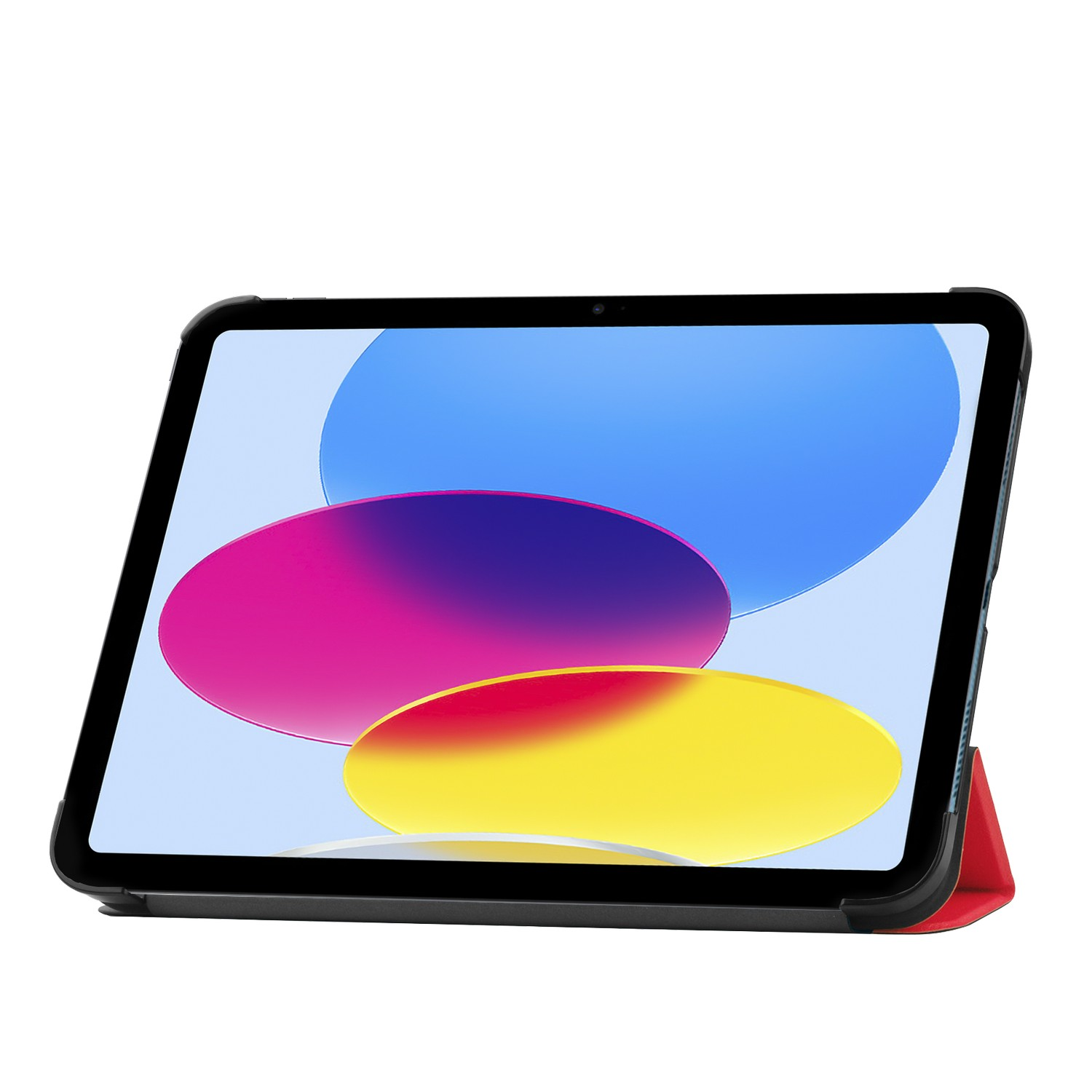 Tablette dans un étui, en angle, montrant l'écran avec des motifs abstraits colorés.