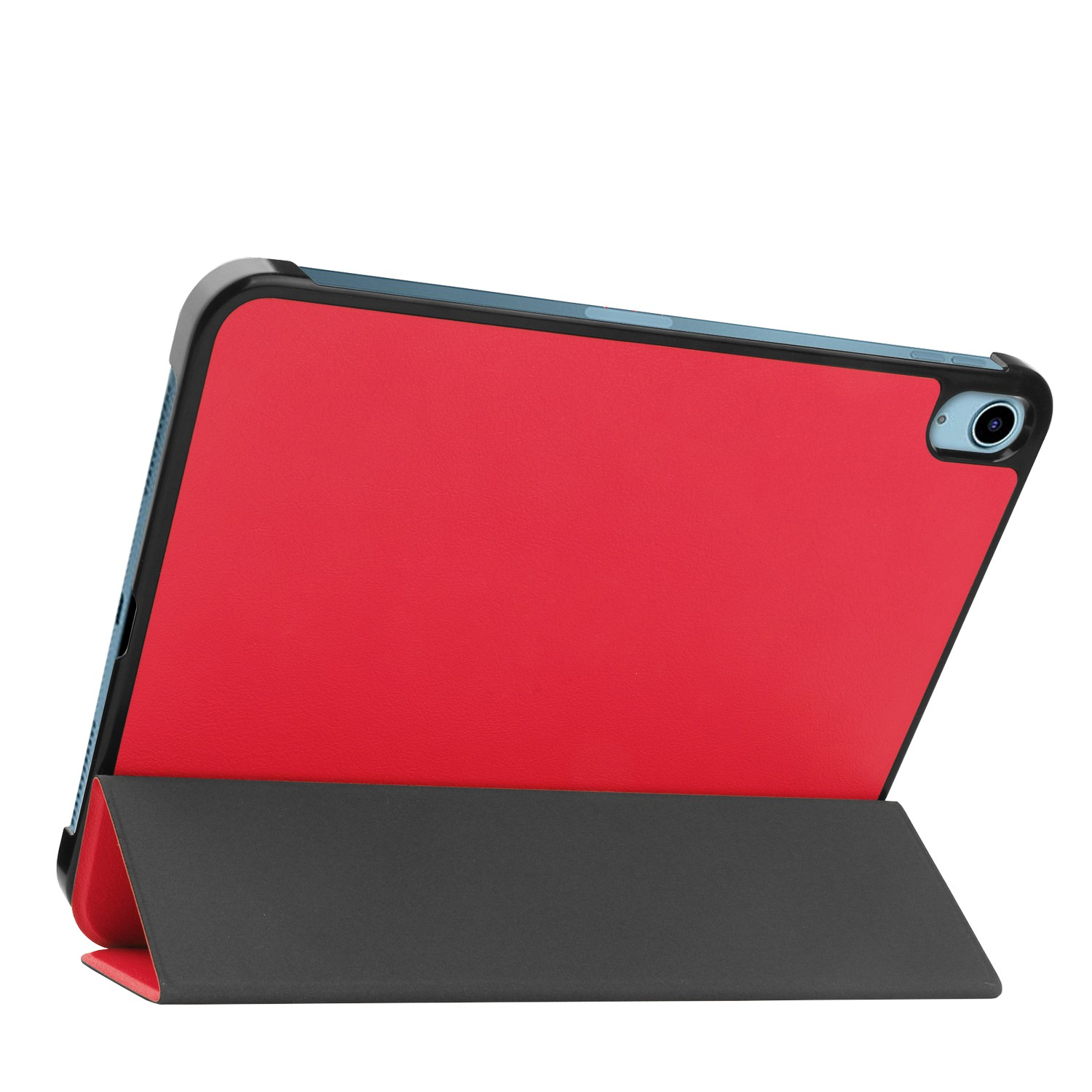 Une tablette rouge dans un étui noir, debout sur fond blanc.