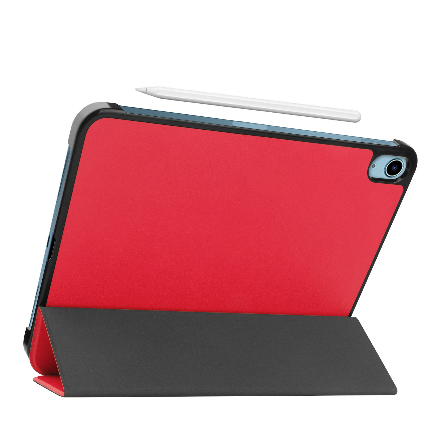 Une tablette dans un étui rouge avec un stylet dessus.