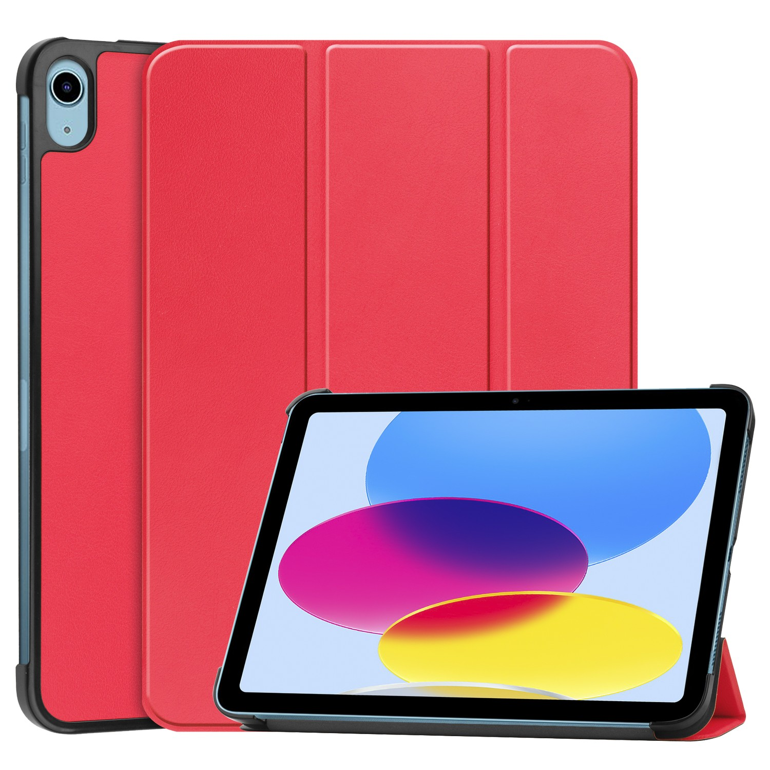 Un étui de tablette rouge avec une tablette à l'intérieur. La tablette affiche une image abstraite colorée.
