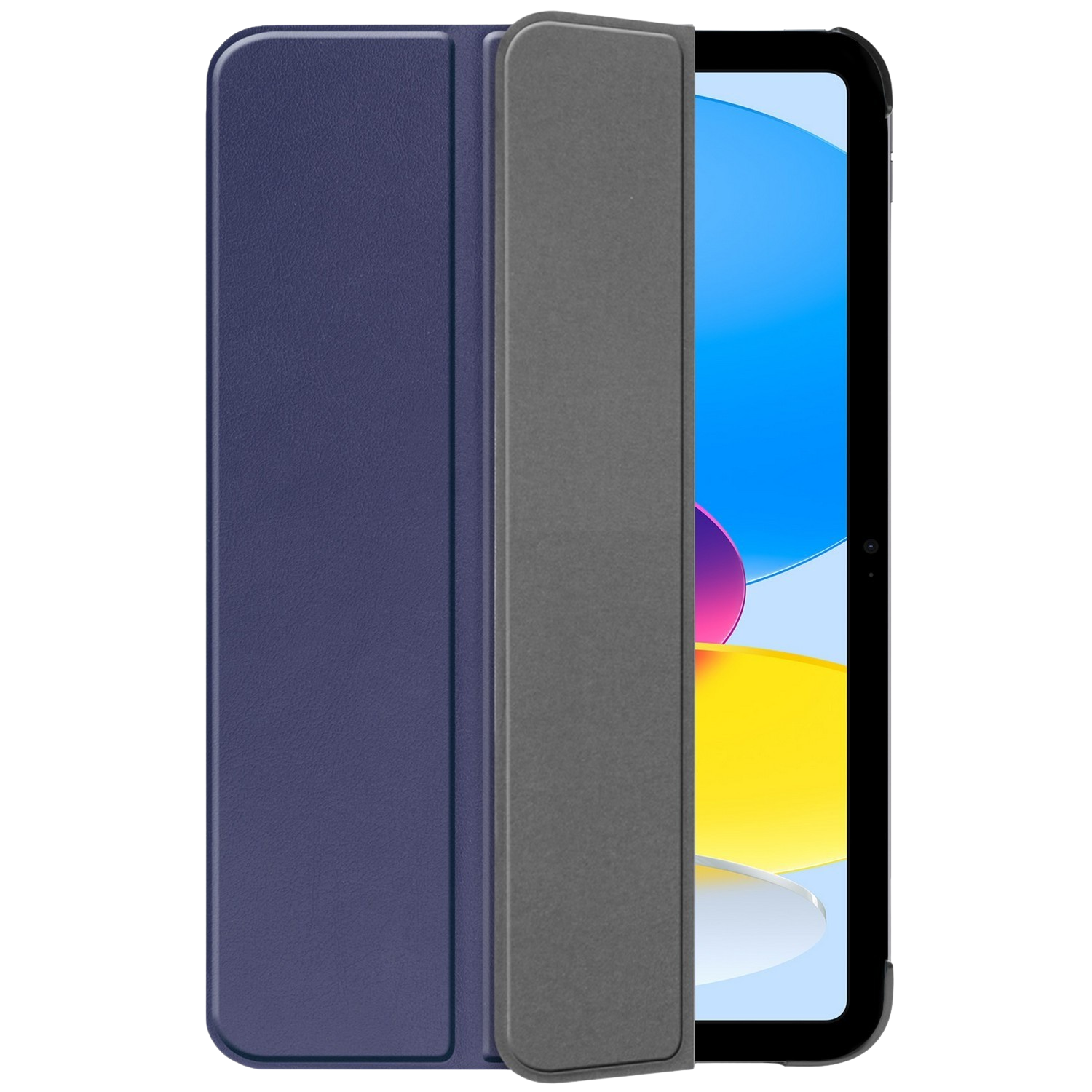 Une tablette dans un étui bleu et gris. L'écran de la tablette est visible et affiche des couleurs.