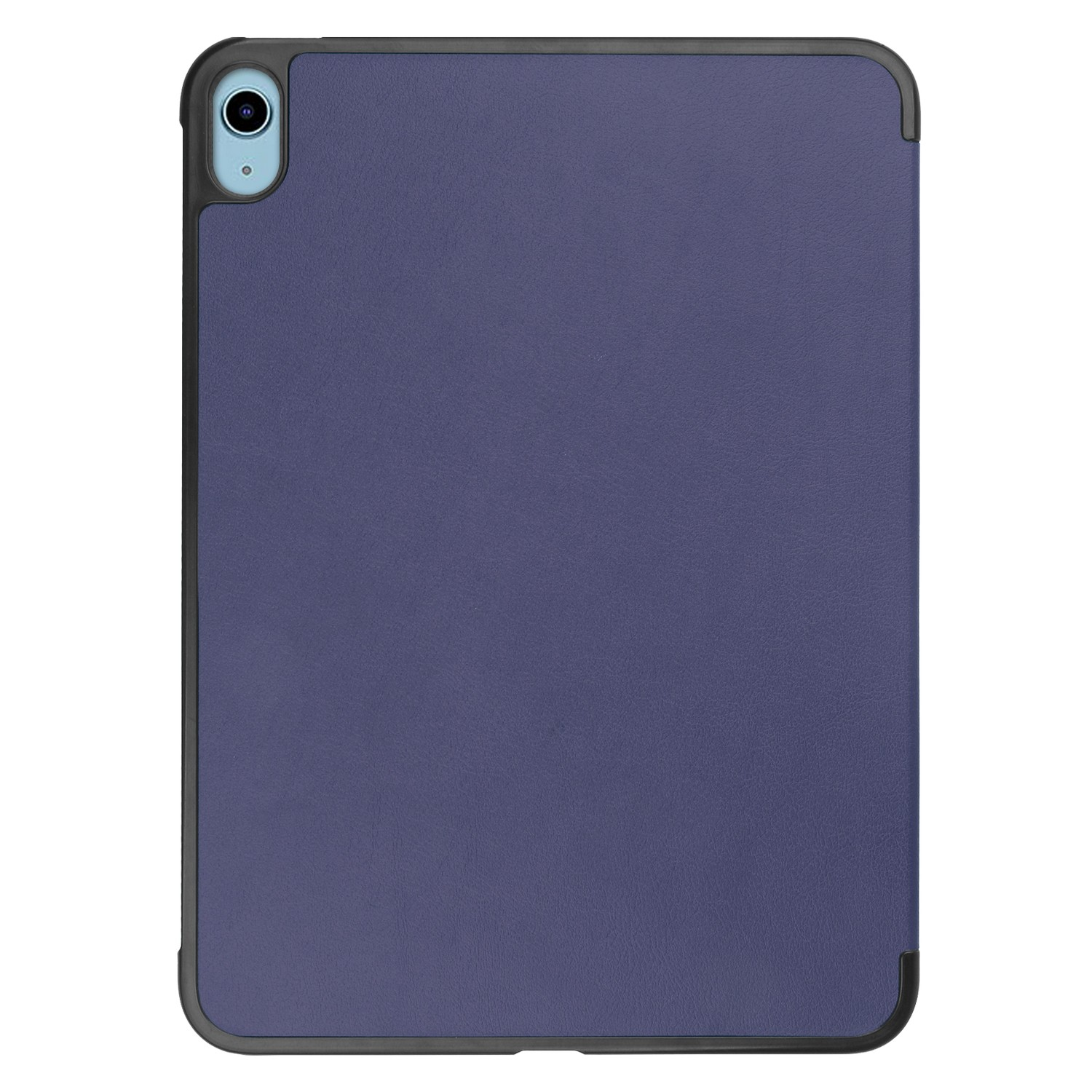 Étui de tablette violet texturé cuir, bord noir et découpe caméra en haut à gauche.