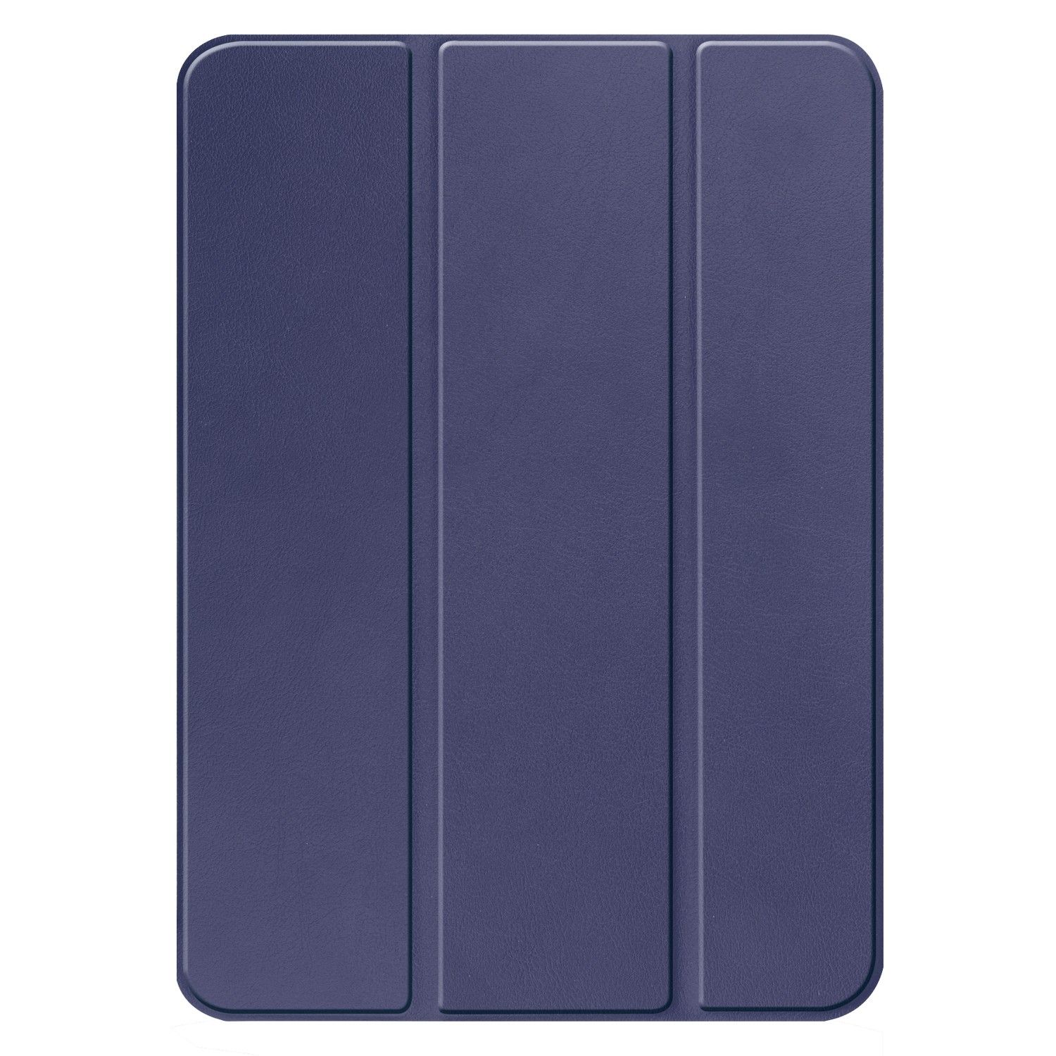 Étui de tablette bleu, fermé et plié. La surface a une texture cuir.