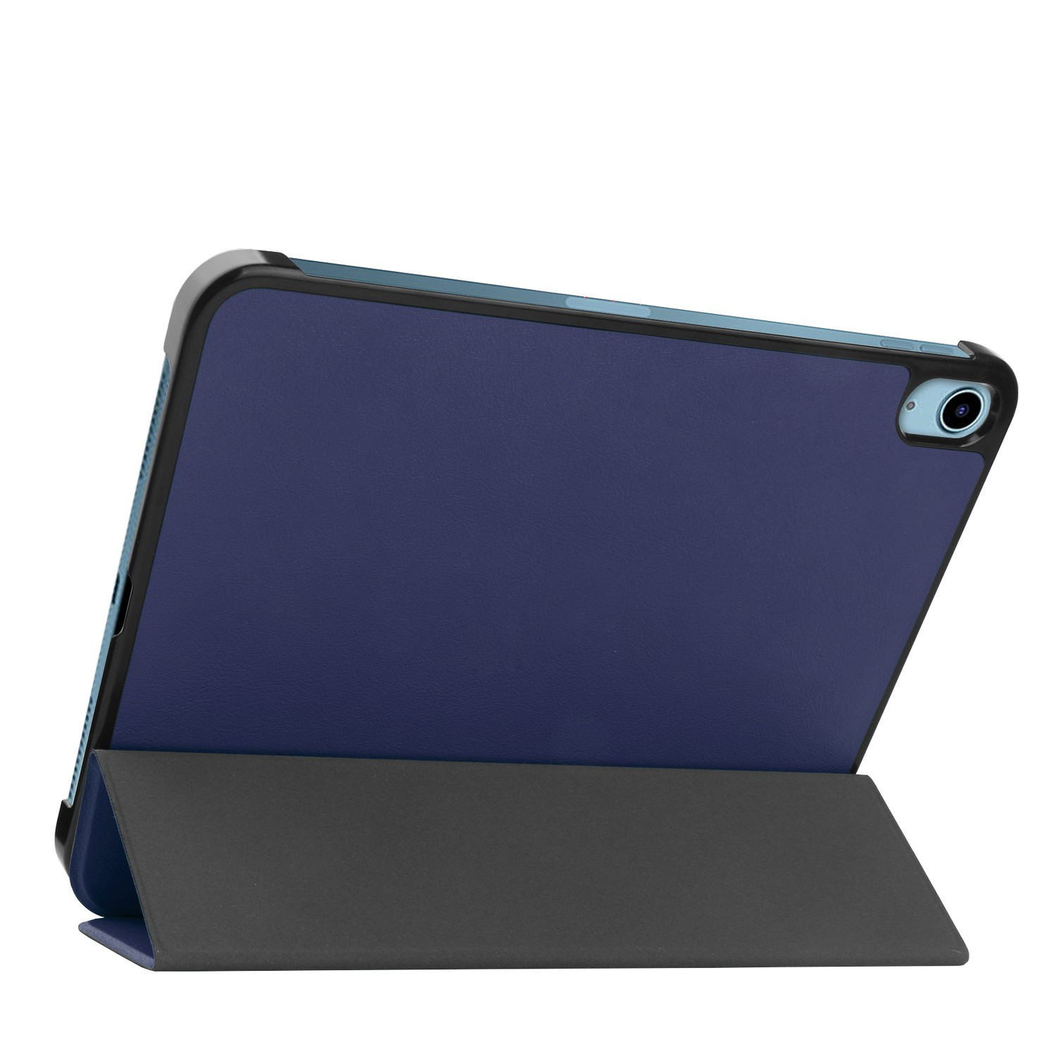 Étui iPad bleu avec un cadre noir, ouvert et incliné sur une surface blanche.