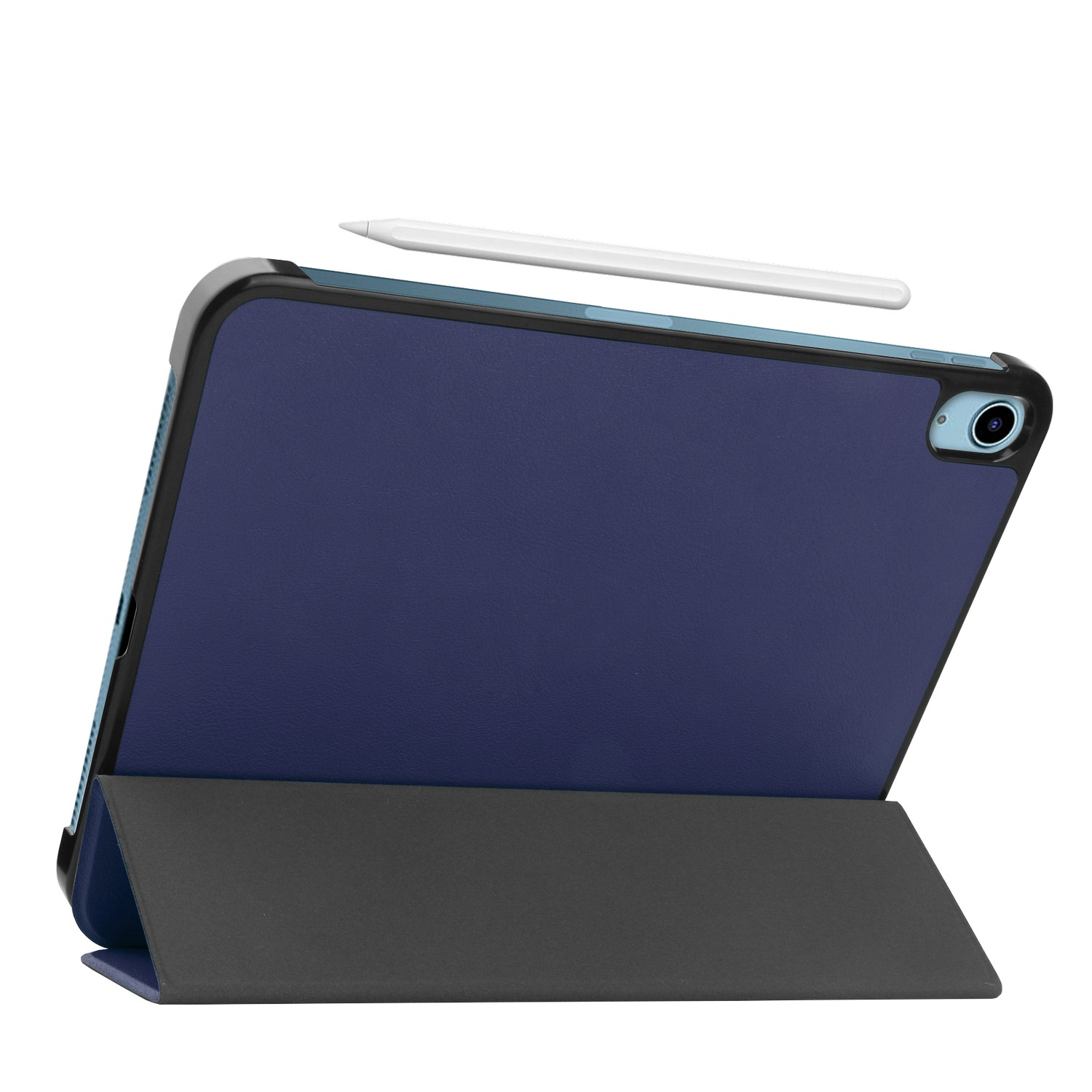 Étui de tablette bleu avec une couverture noire et un stylo blanc. Fond blanc.