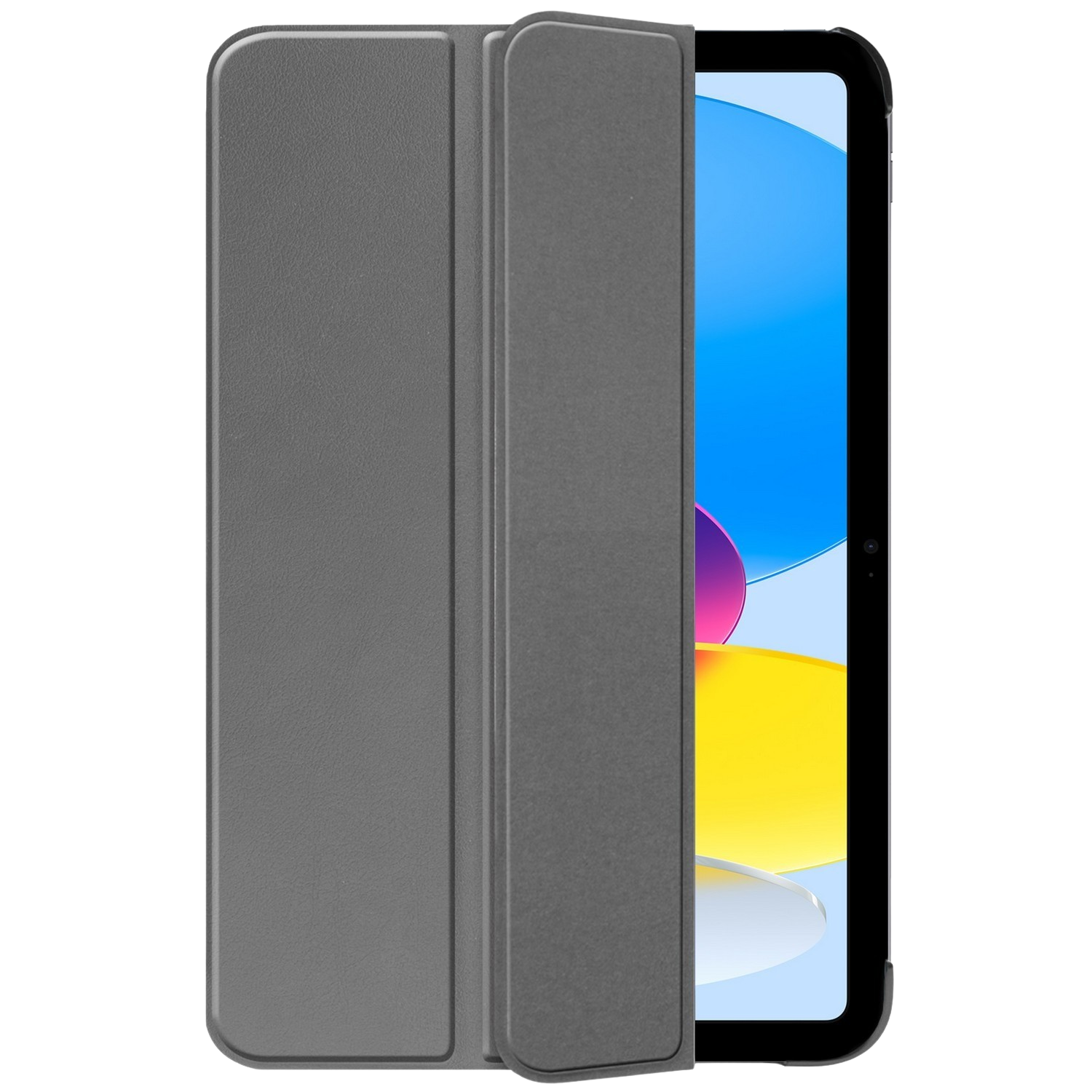 Un étui de tablette gris ouvert pour révéler l'écran de la tablette, fond noir.