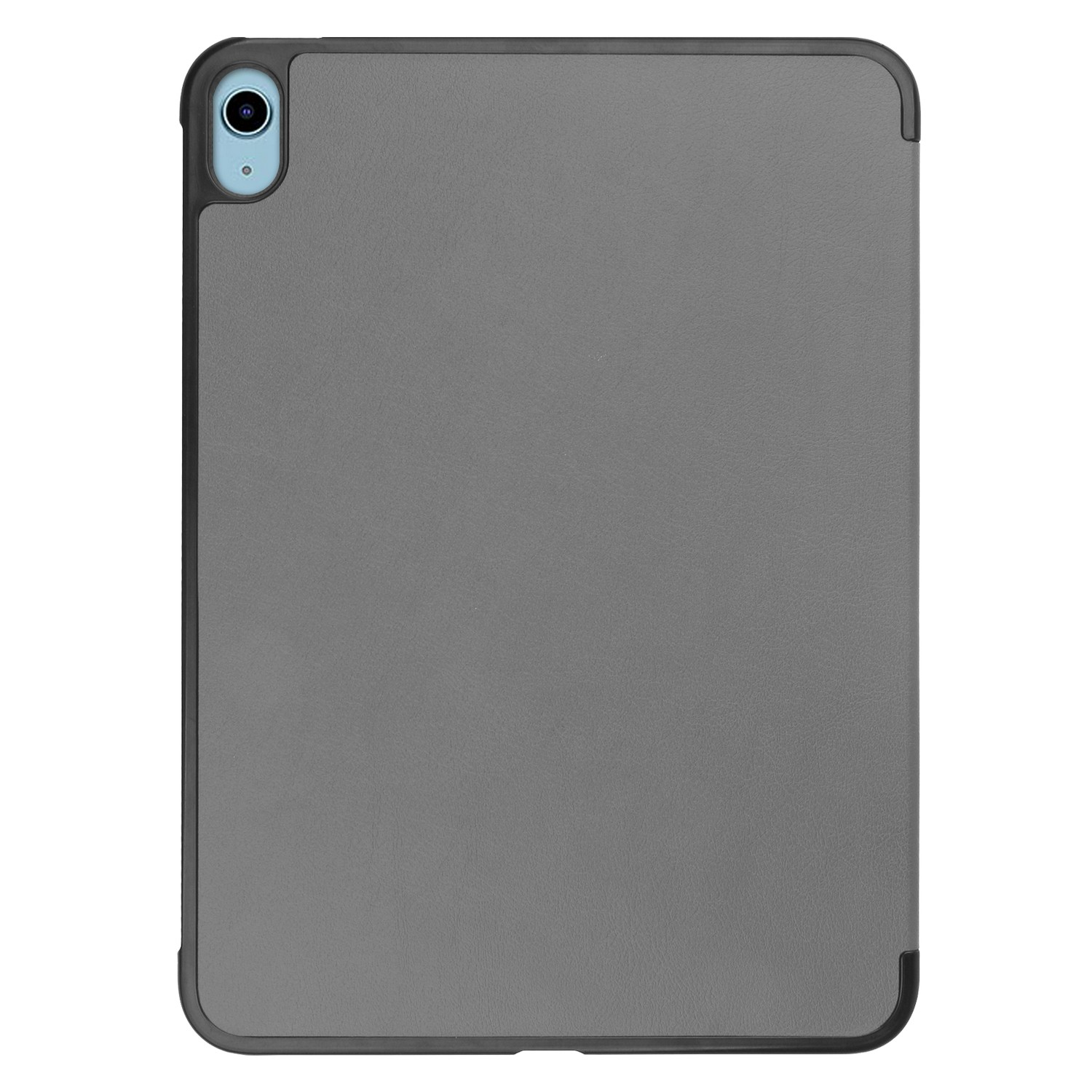 Tablette grise avec bord noir et caméra, dans un étui de protection.