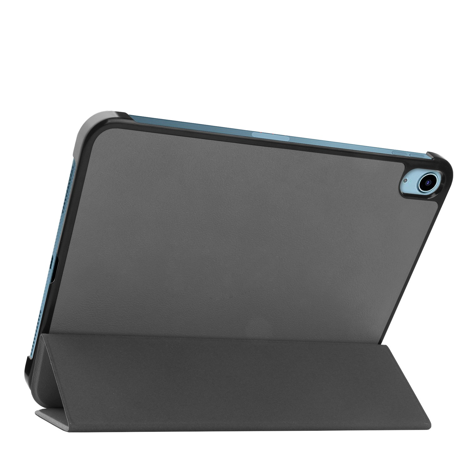 Tablette grise dans un étui noir, calée. L'étui est plié pour créer un support.
