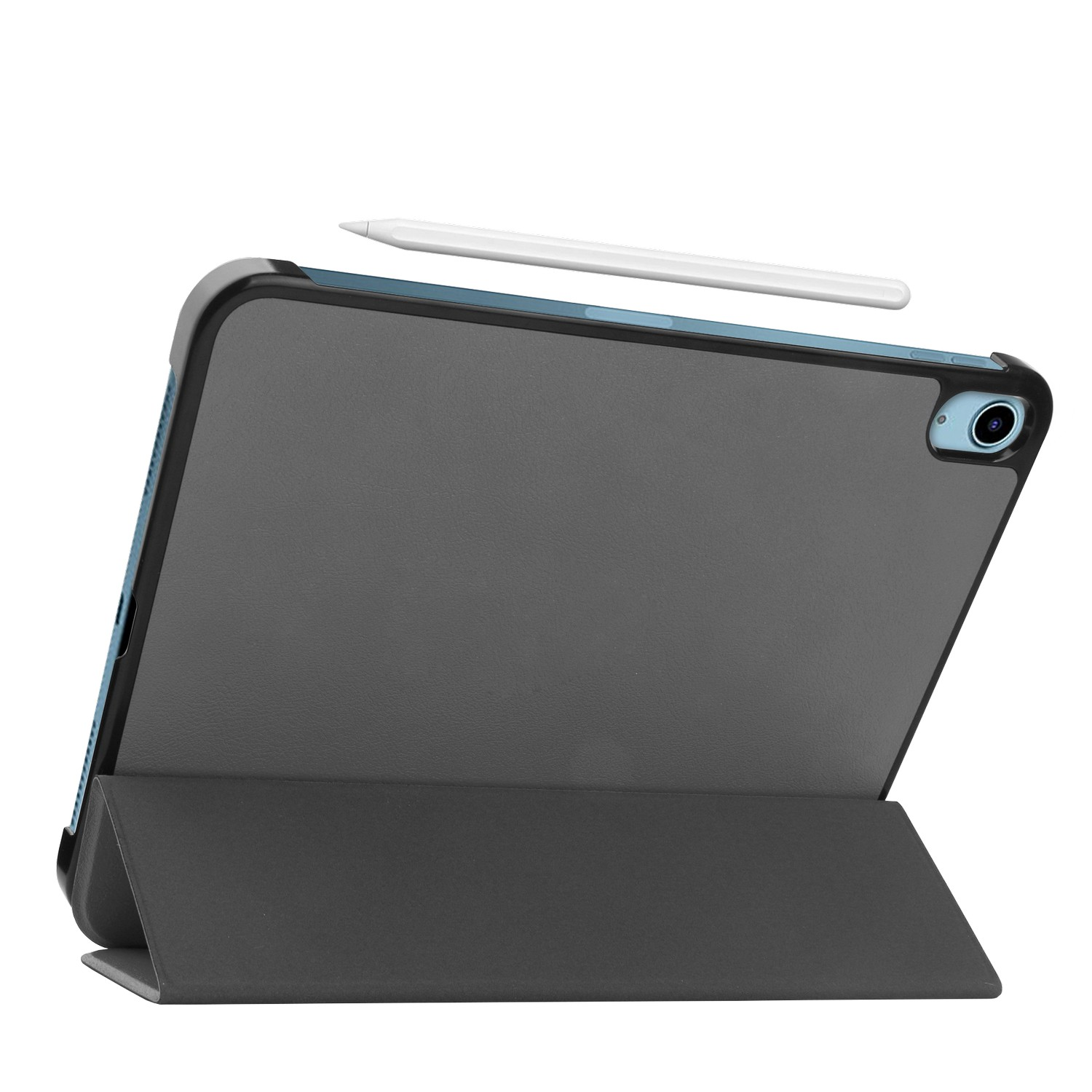 Un iPad dans un étui gris foncé avec un stylet.