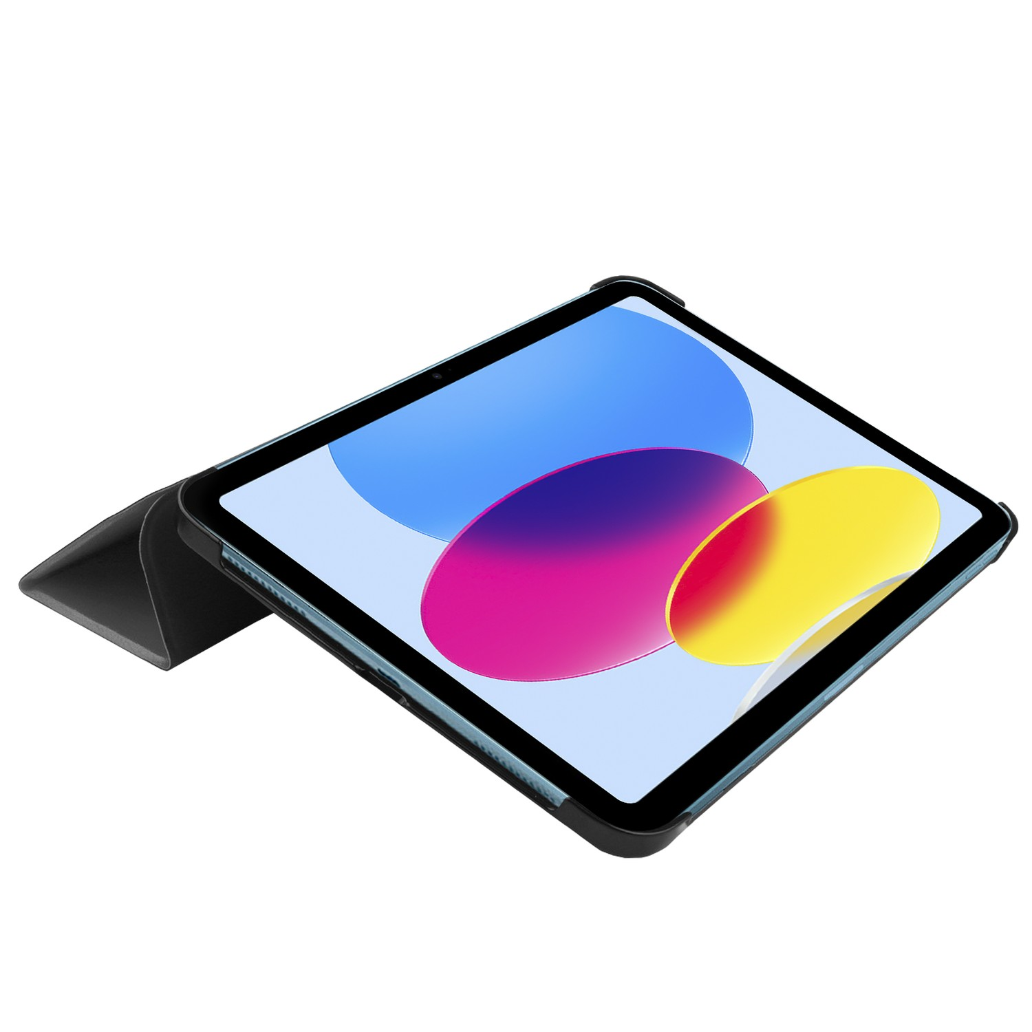 Tablette avec écran coloré, dans un étui noir, vue en angle, fond blanc.
