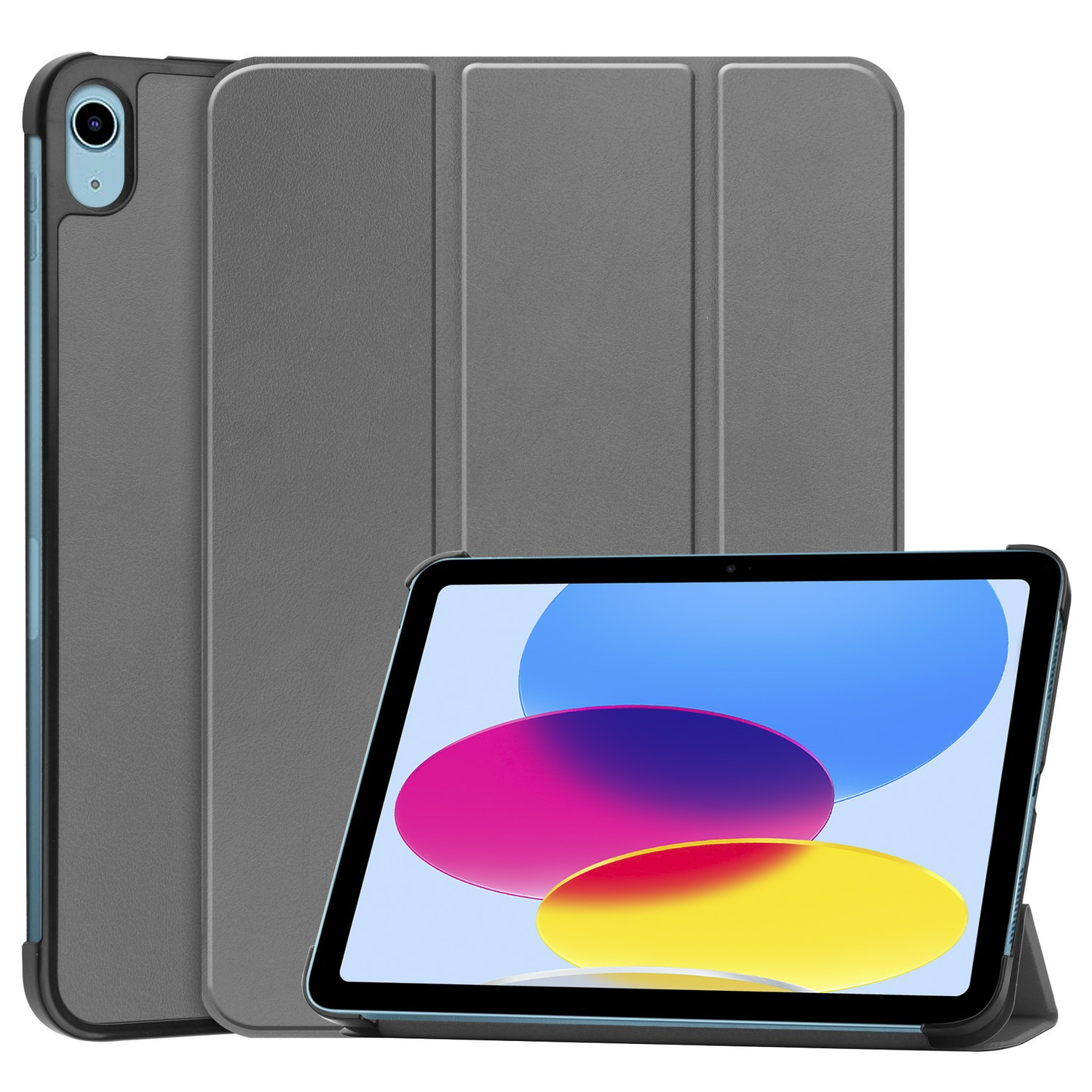 Tablette dans un étui gris. Écran affiche un design abstrait. L'étui est ouvert.