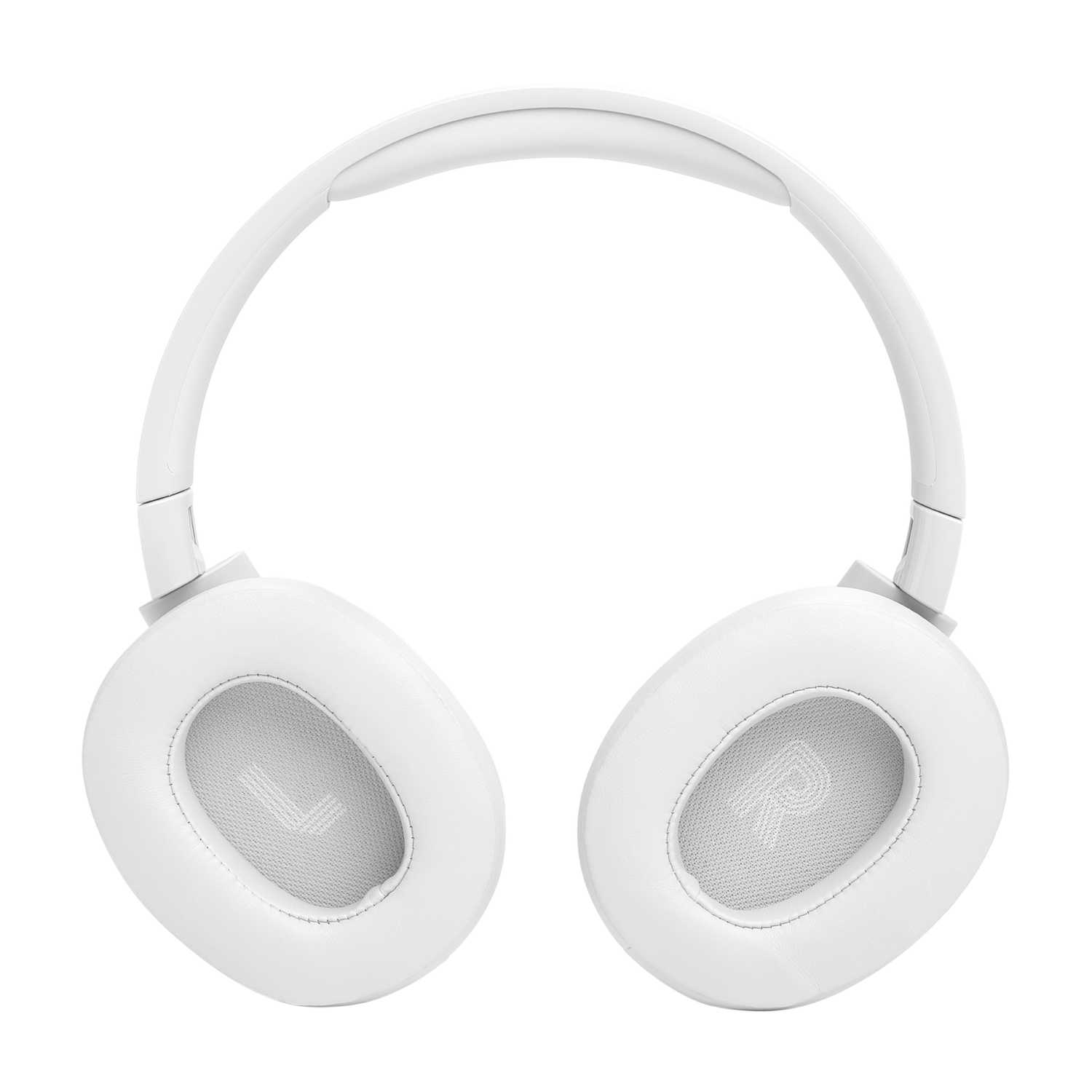 White headphones with oval earcups, top view.