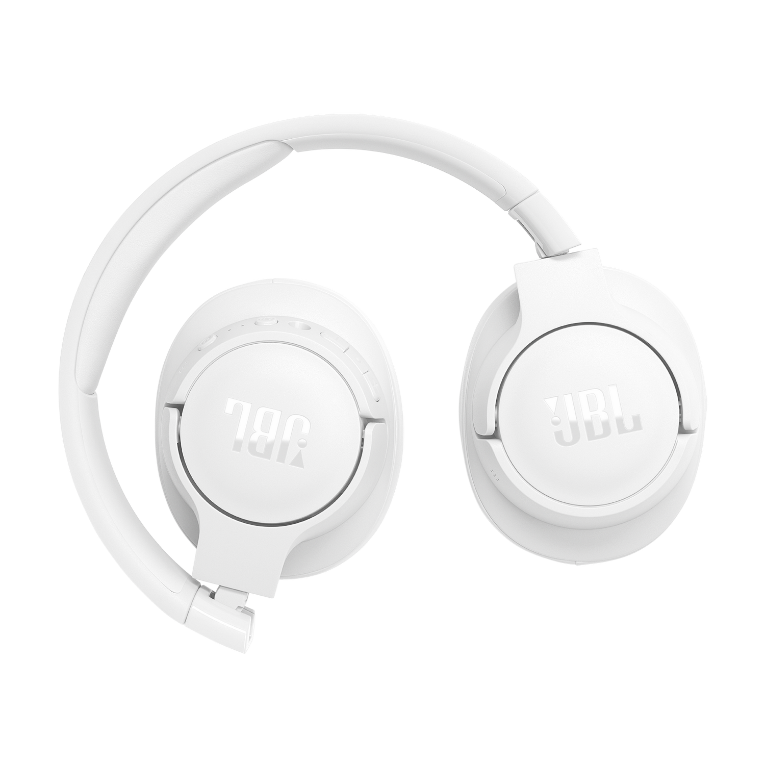 White JBL headphones, folded and resting on a black background.