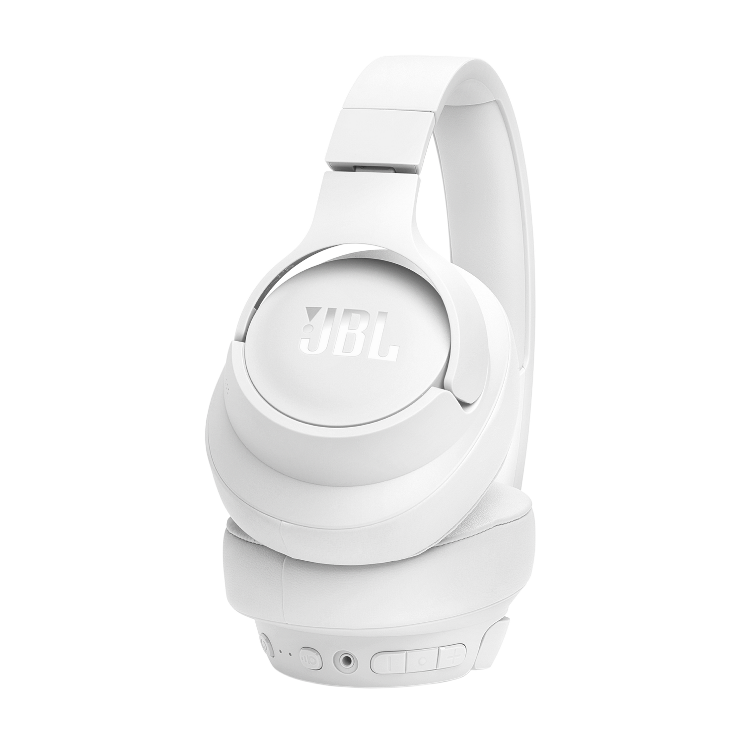 White JBL headphones. The headphones are over-ear and have the JBL logo on them.