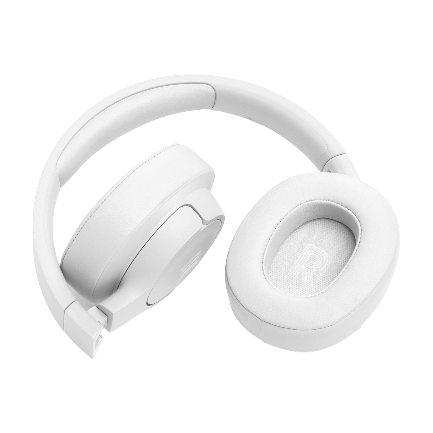 White headphones on a black background, folded inwards, showing the earcups and the inside.