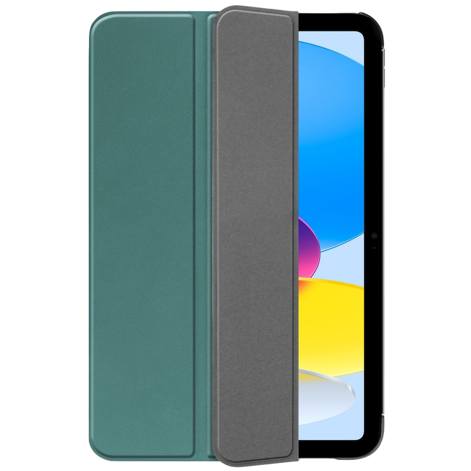 Étui de tablette vert ouvert. Tablette avec écran bleu et jaune. Colonne vertébrale grise.