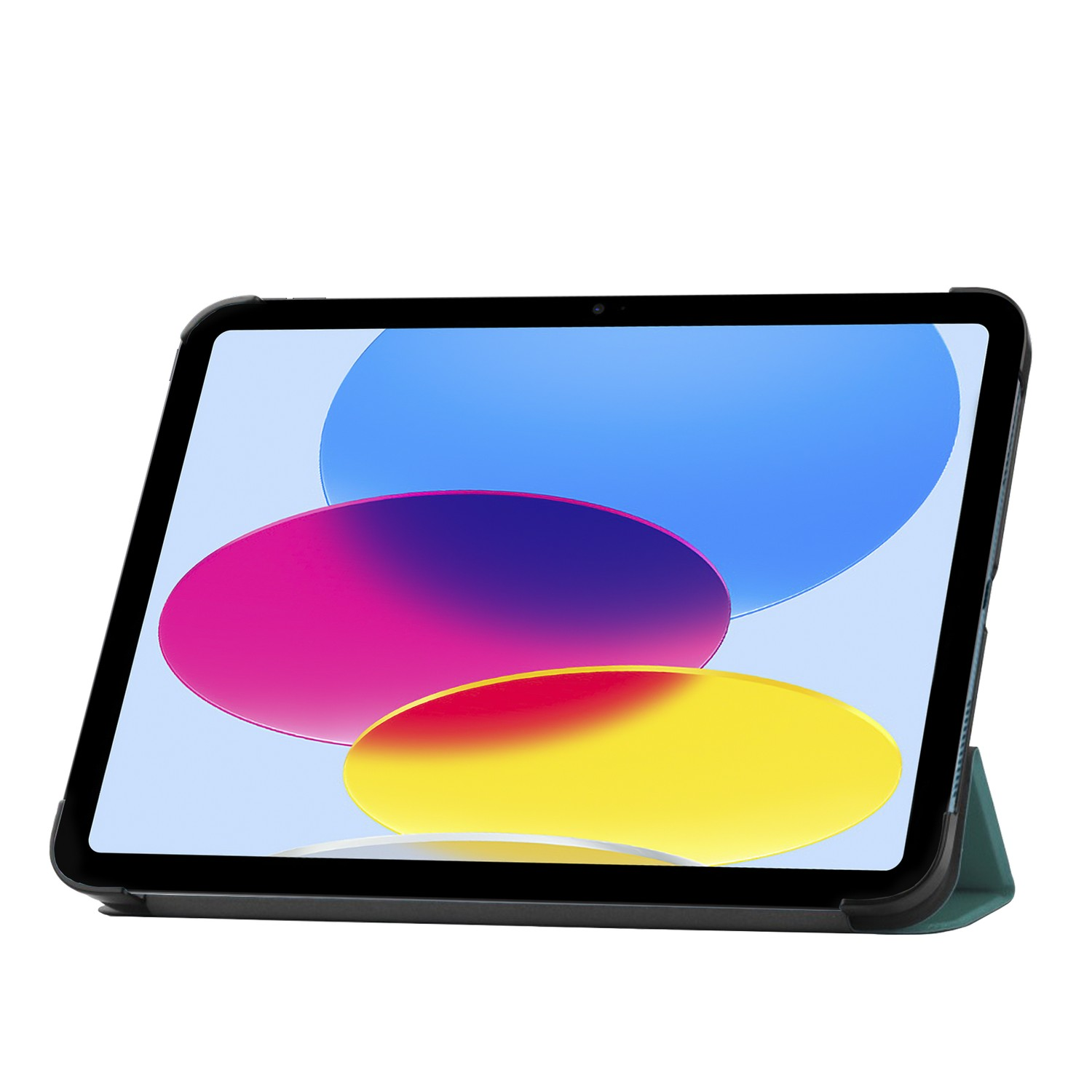 Tablette dans un étui avec un écran affichant des formes bleues, roses et jaunes. Étui vert et fond blanc.