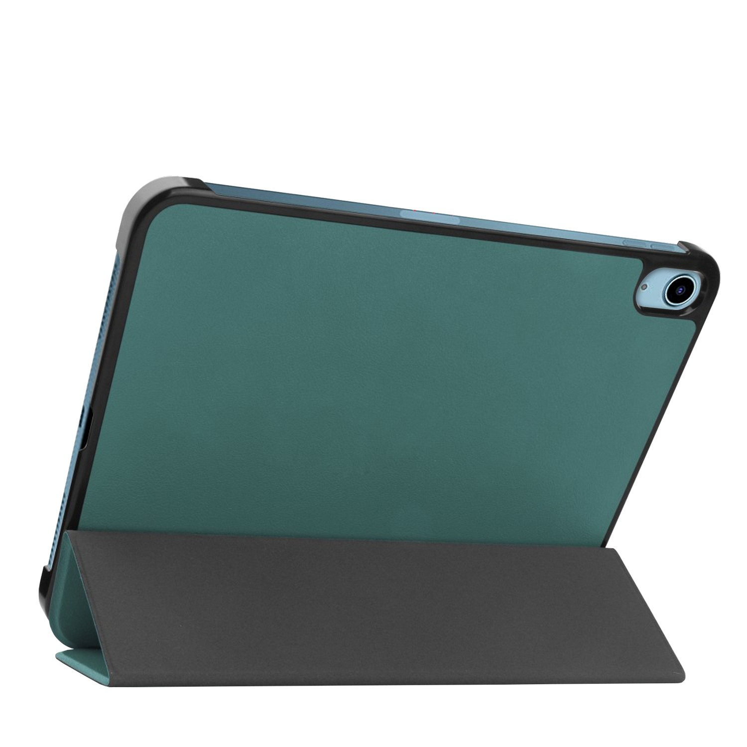 Étui de tablette sarcelle, ouvert. La tablette repose dans l'étui, avec un cadre noir. L'étui est ouvert avec une base grise.