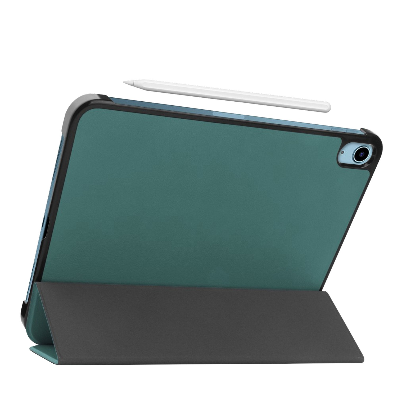 Une tablette turquoise avec un cadre noir et un stylet. La housse est pliée.