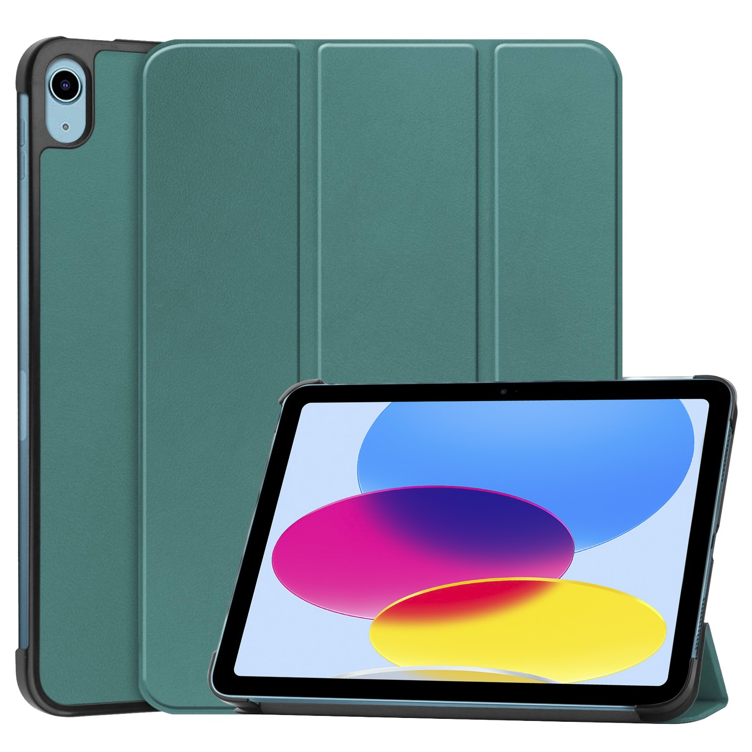 Un iPad bleu sarcelle avec une couverture verte, avec la tablette ouverte. La couverture est repliée derrière.