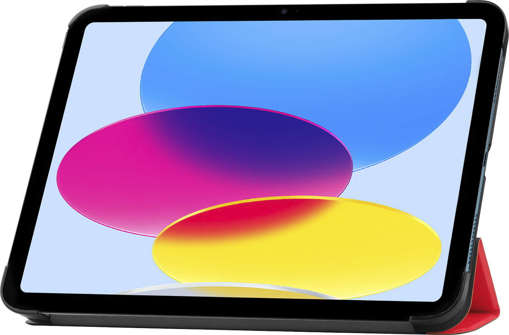 A black tablet with a colorful abstract wallpaper is displayed on a red stand.