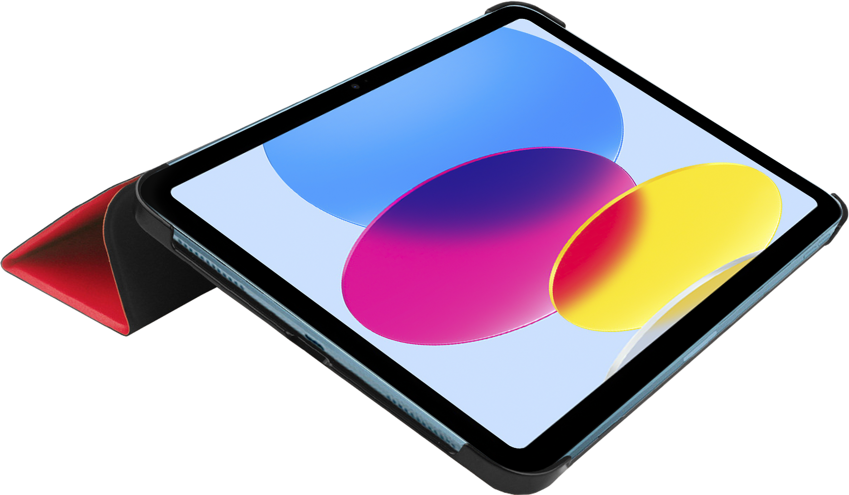 Tablet with a blue, pink, and white screen, in a black case. The cover is red.