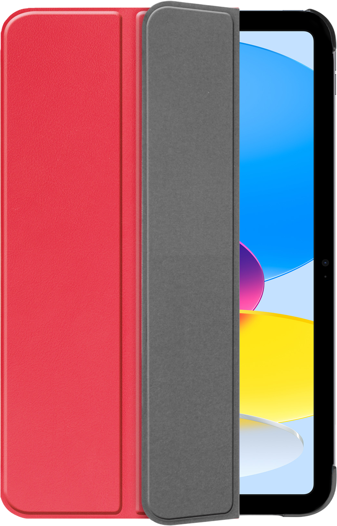 Tablet in a red cover, open to reveal the screen. The screen shows blue and yellow colors.