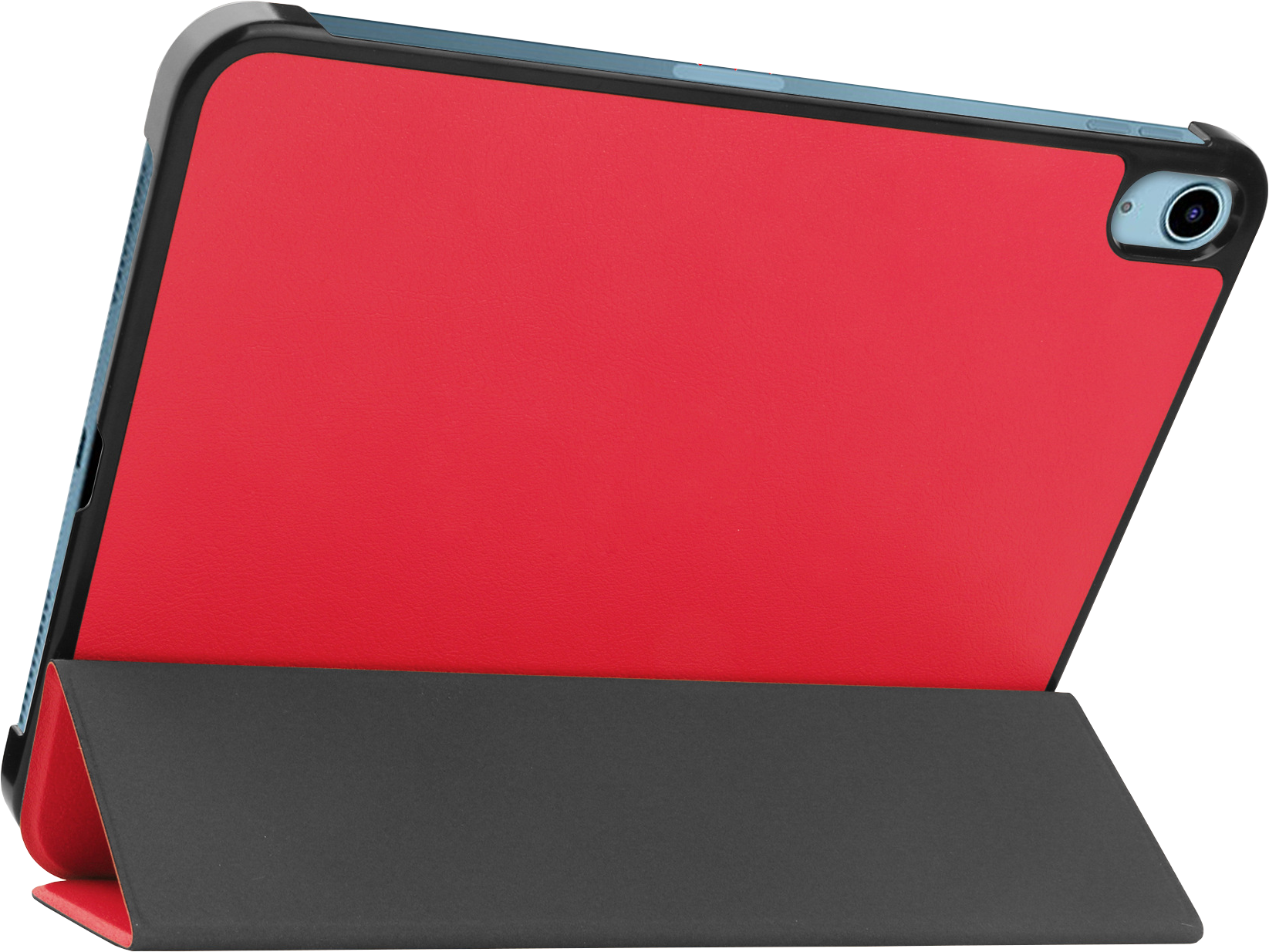 Red tablet case, black trim, on a black stand.