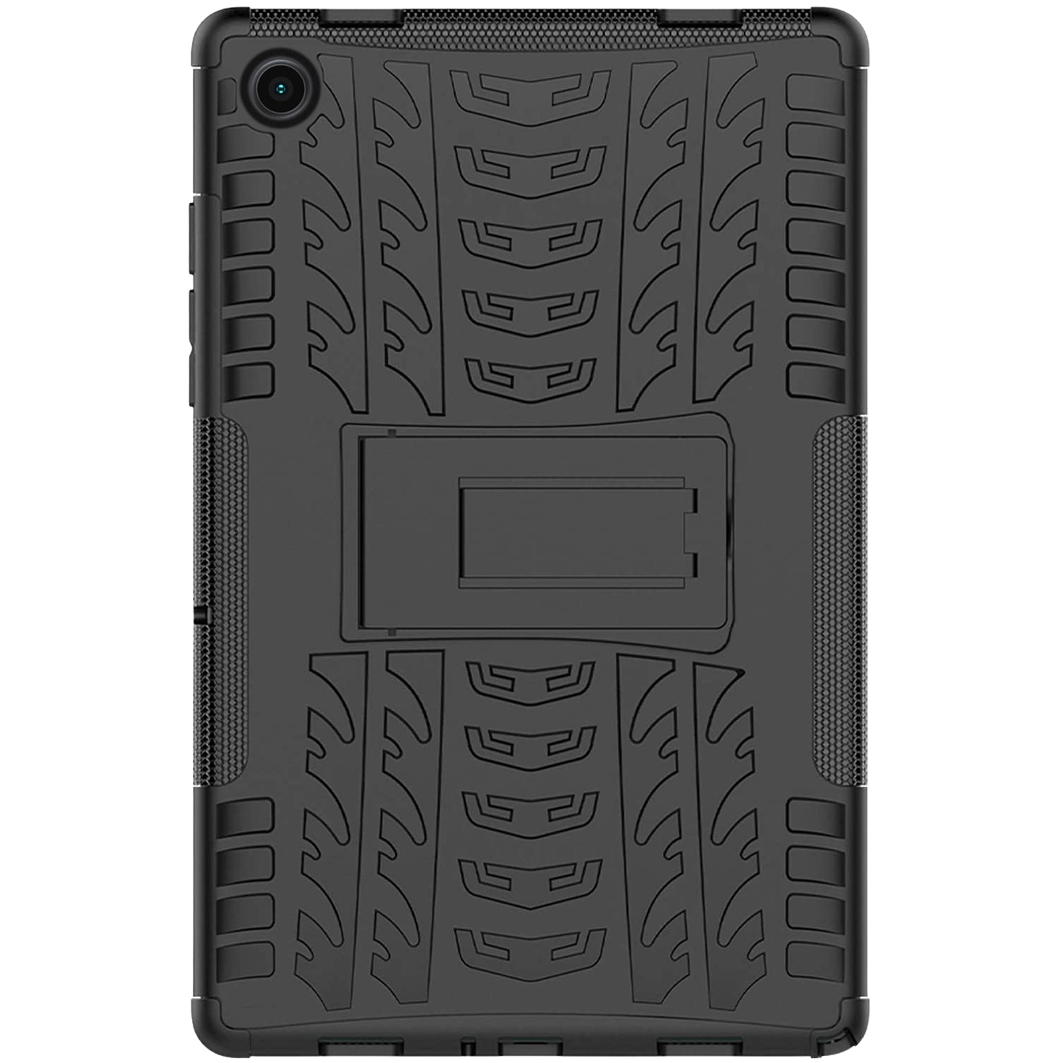 Étui de tablette noir avec design texturé et béquille.