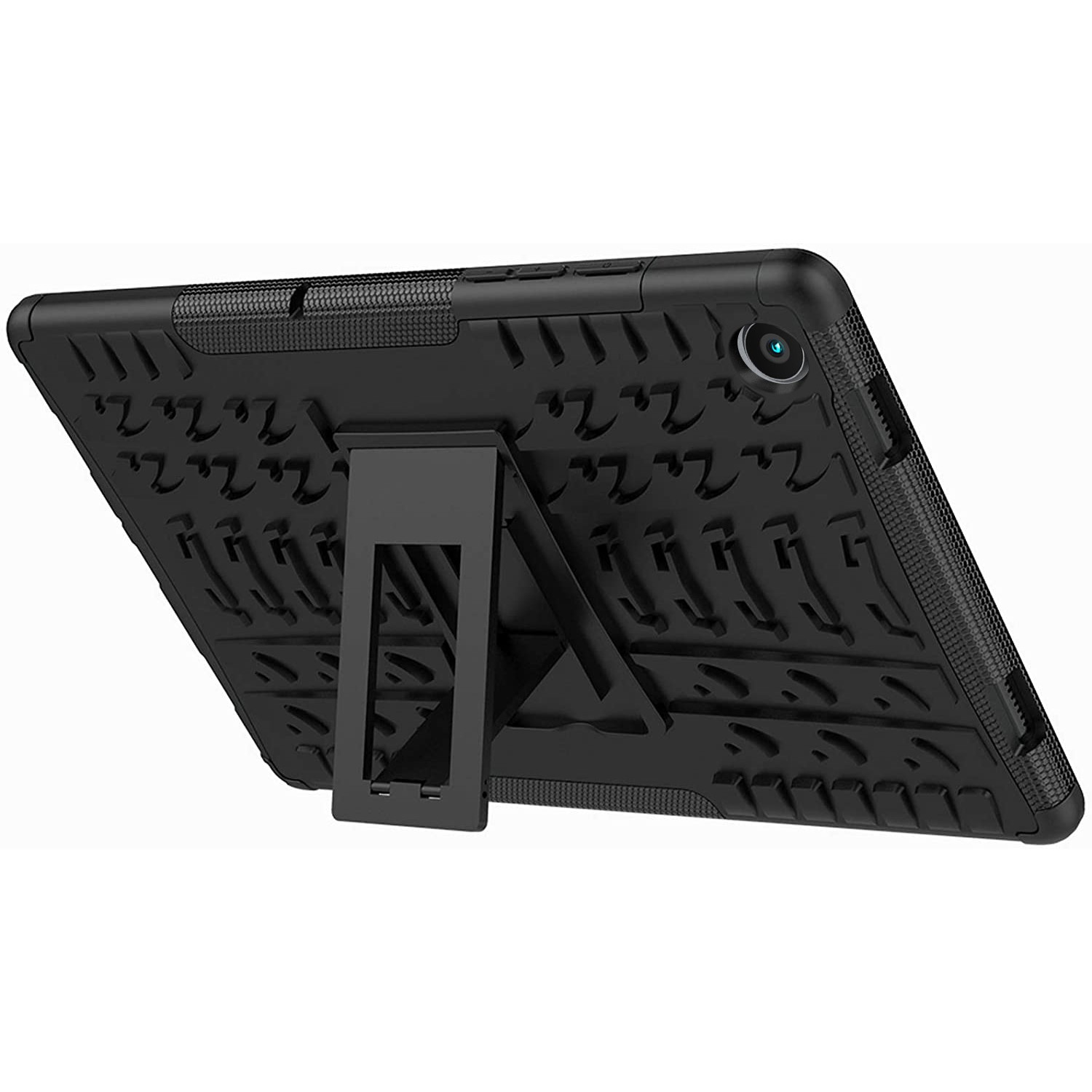 Étui de tablette noir avec béquille, design texturé et découpe pour la caméra, vue en angle.