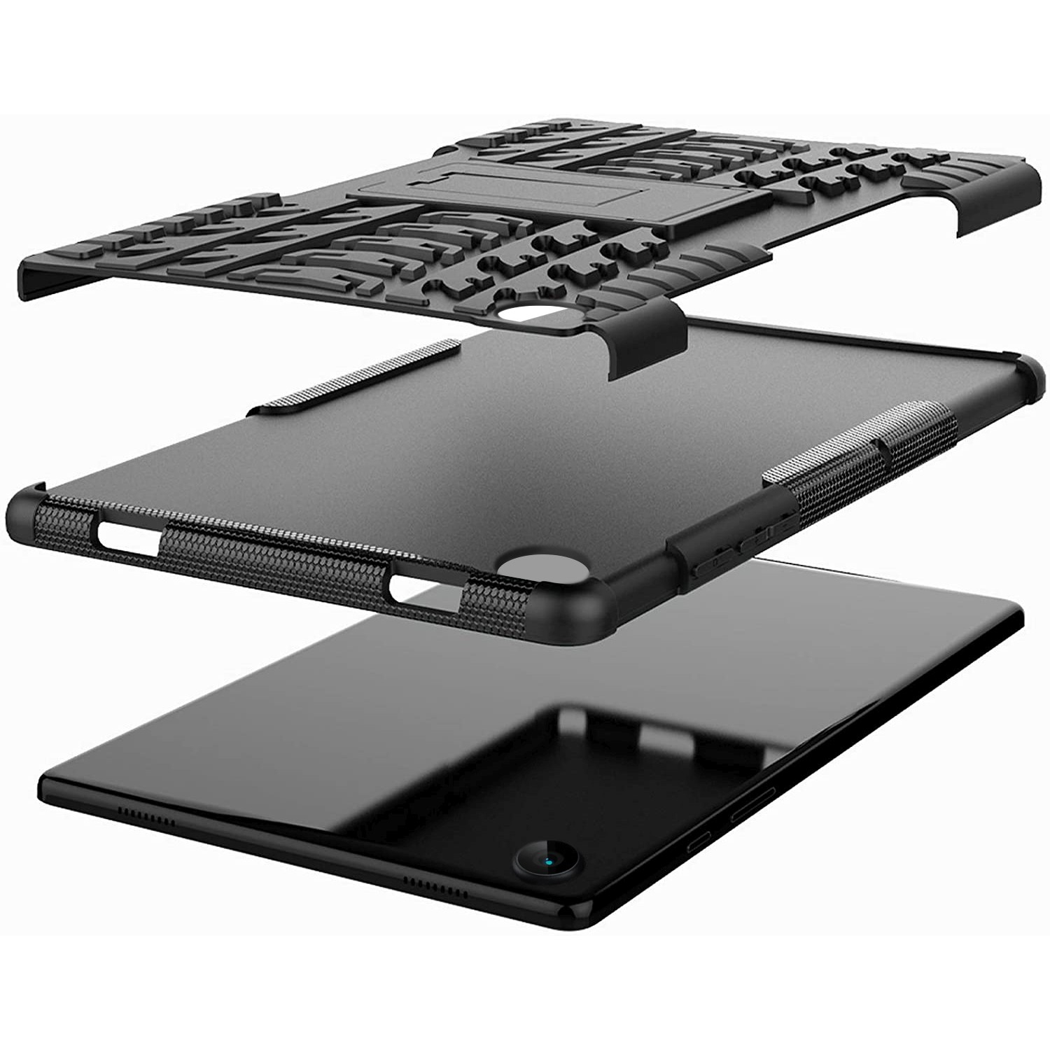 Tablette et sa coque en vue éclatée. Tablette noire, coque noire et coque de protection texturée noire.