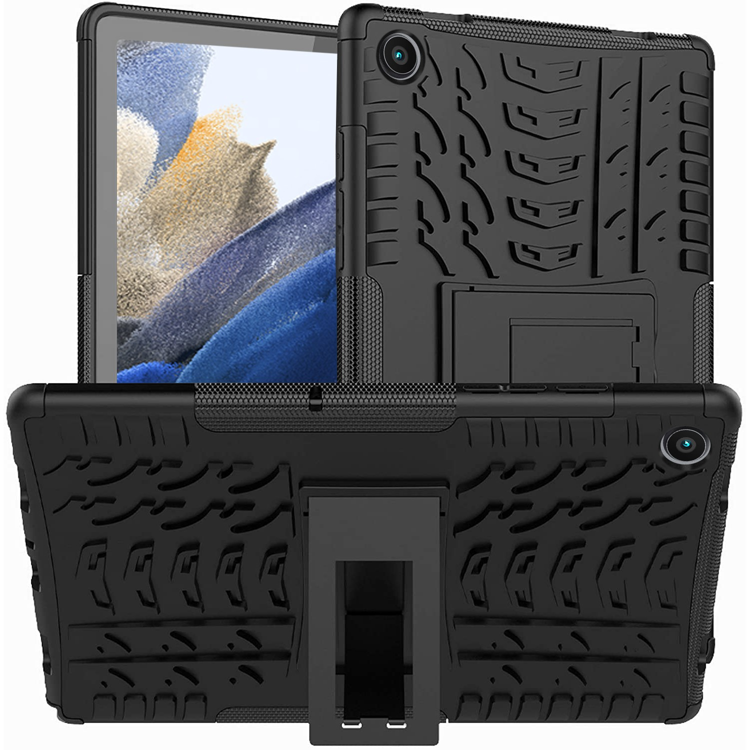 Étuis de tablette noirs avec une tablette à l'intérieur. L'étui a un support et une texture de bande de roulement.