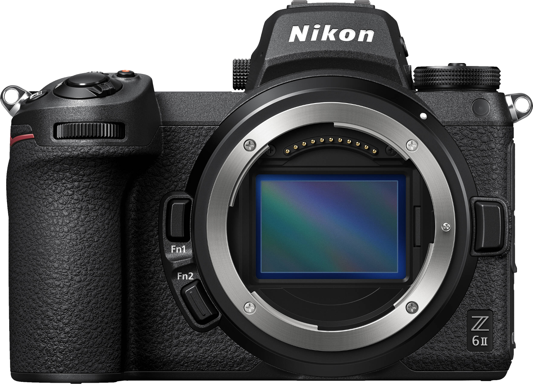 Appareil photo noir Nikon Z 6II. Il a une monture d'objectif, des boutons et un écran.