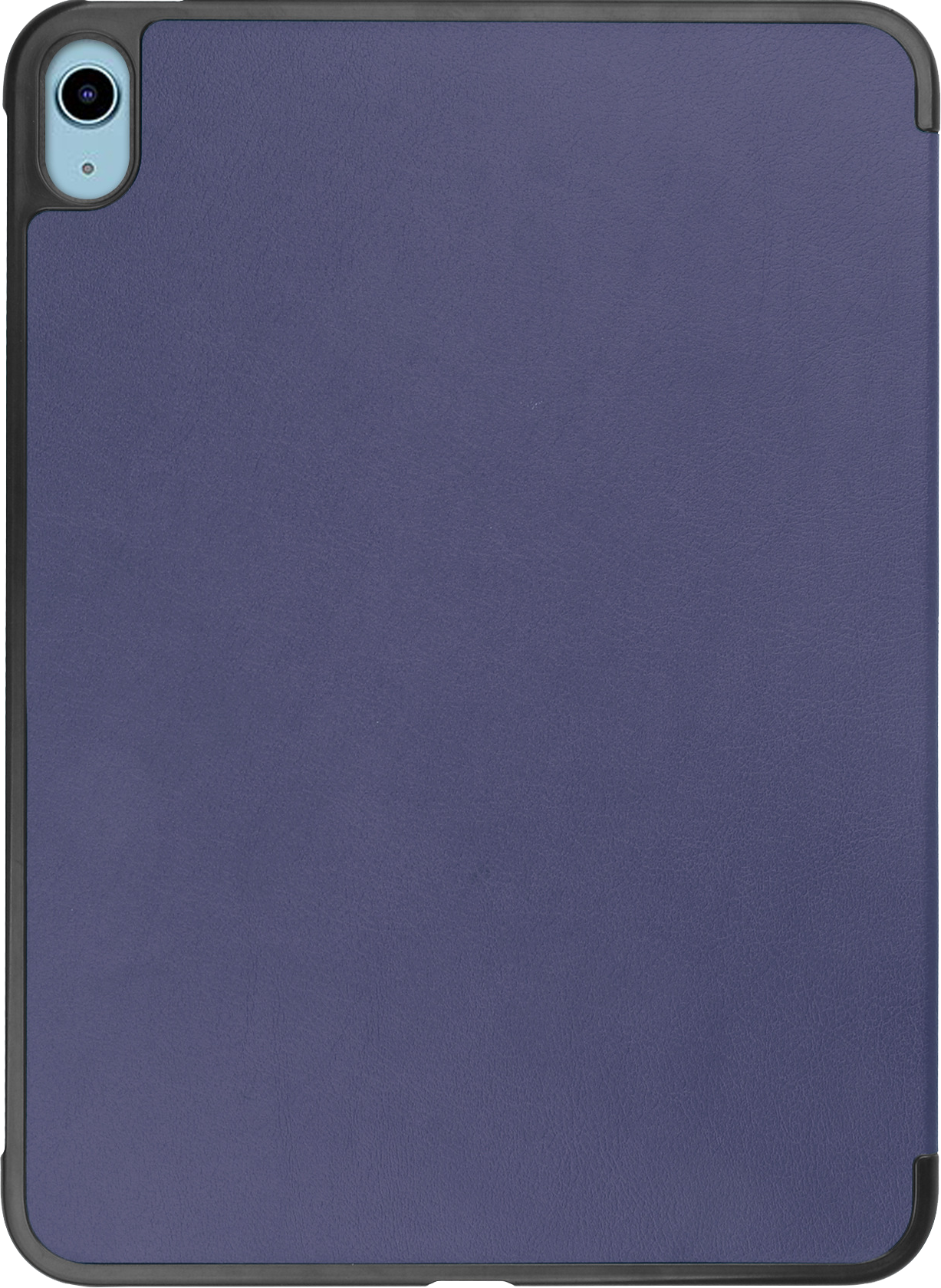 Blauwe tablet in een donkerblauwe hoes. De hoes heeft een uitsparing voor de camera en zwarte randen.