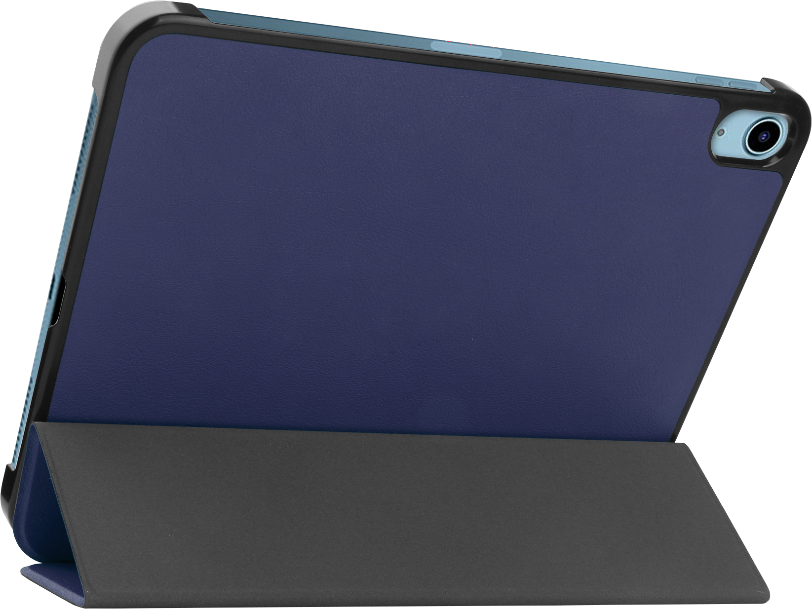 Blauwe tablet in hoes, opgezet, met donkere achtergrond.