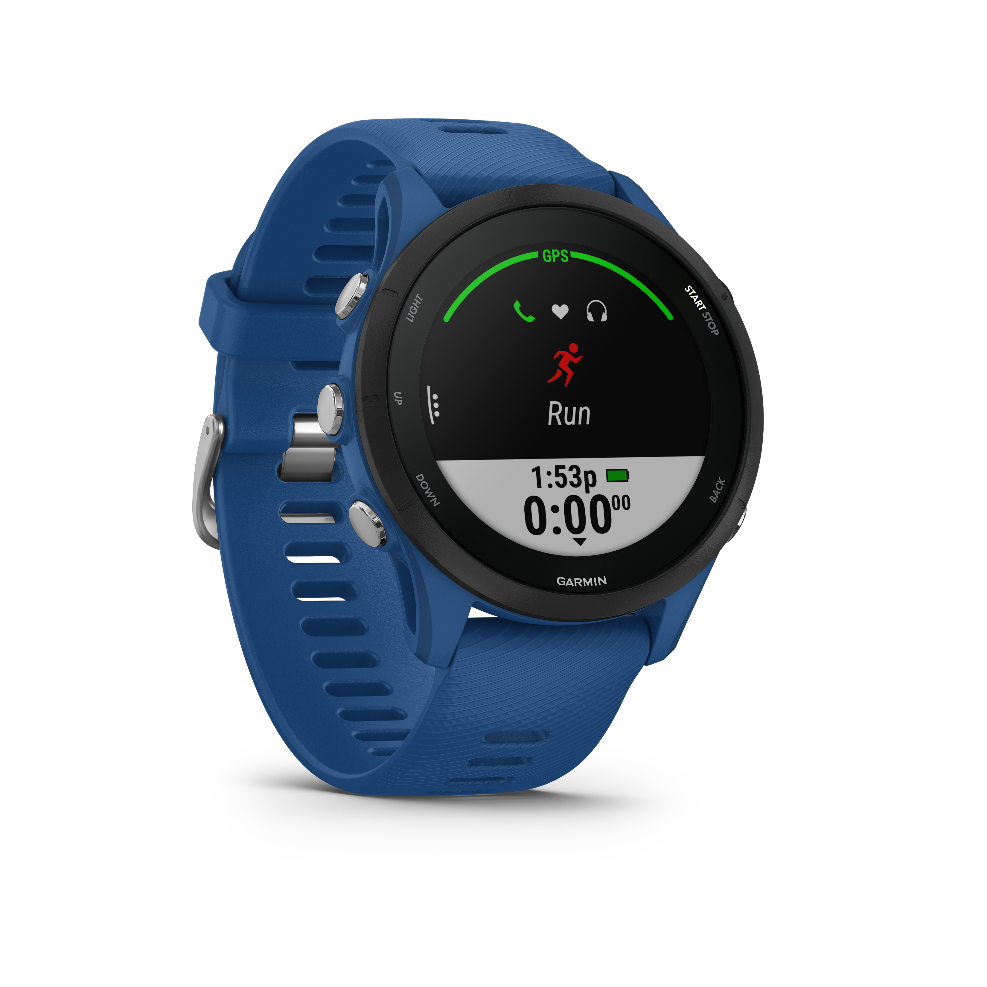 Blaue Garmin Smartwatch mit Laufdaten. Schwarzer Bildschirm, blaues Armband.