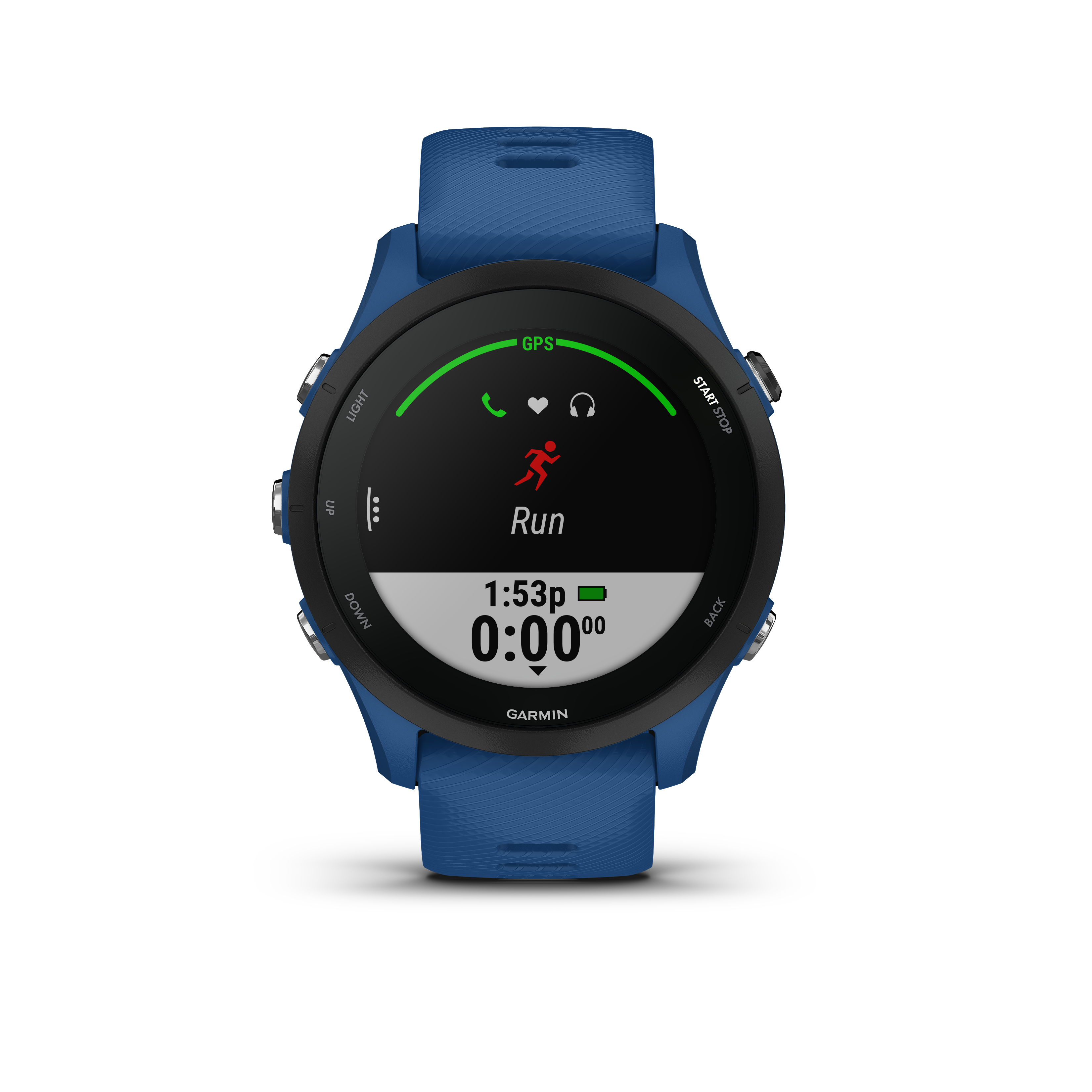Blaue Garmin-Uhr, die eine Laufschnittstelle mit Zeit und GPS anzeigt.