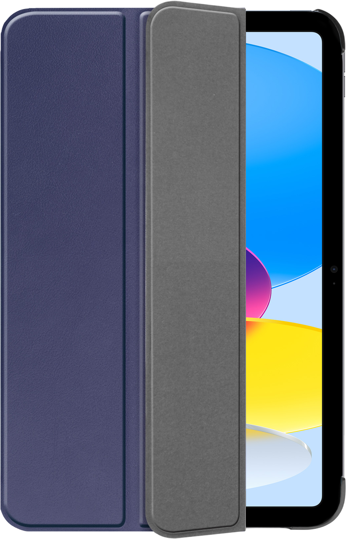 Een iPad in een blauwe hoes is open. De hoes zit links en het scherm toont blauw, geel en paars.