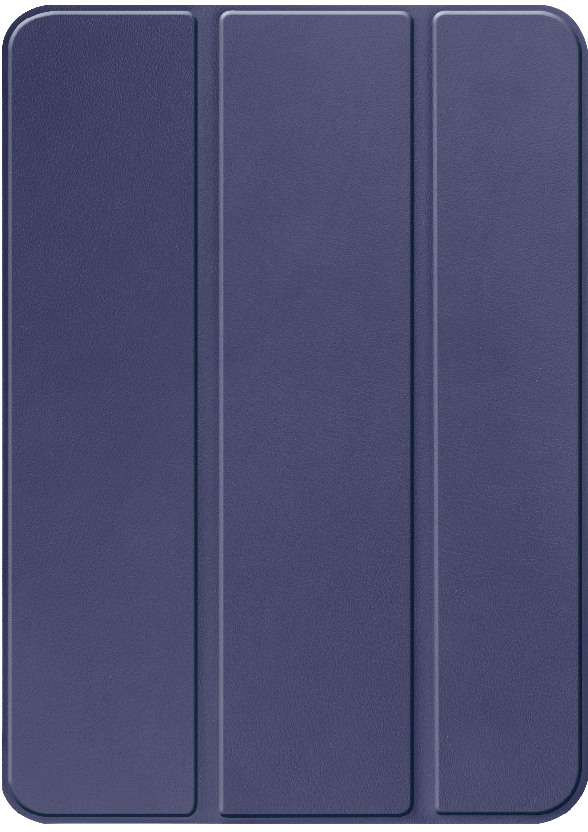 Een donkerblauwe, opvouwbare iPad-hoes. Het heeft drie verticale panelen en een gestructureerd oppervlak, gesloten en plat.