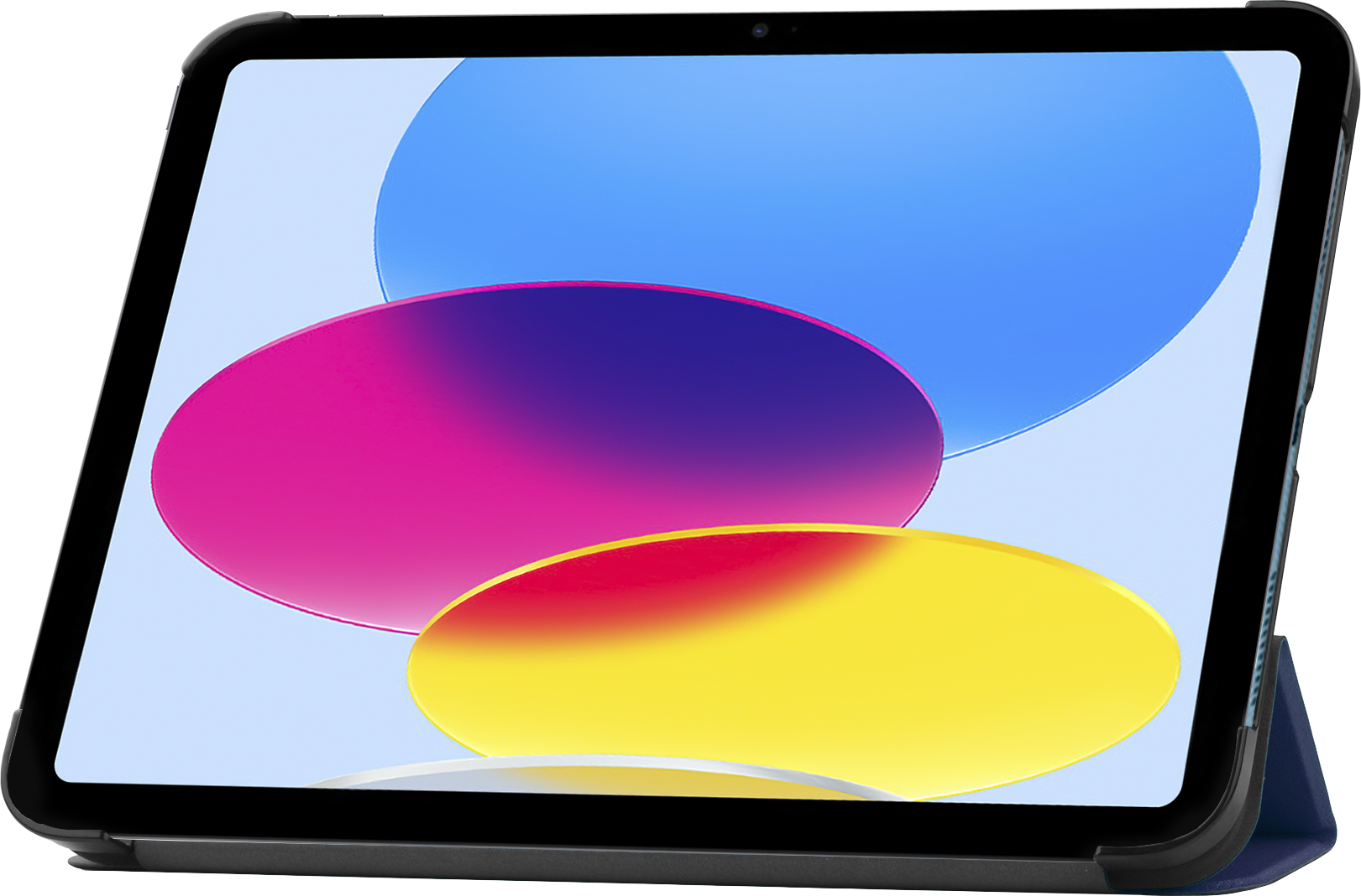 Een tablet met een kleurrijk display en een donkerblauwe hoes.