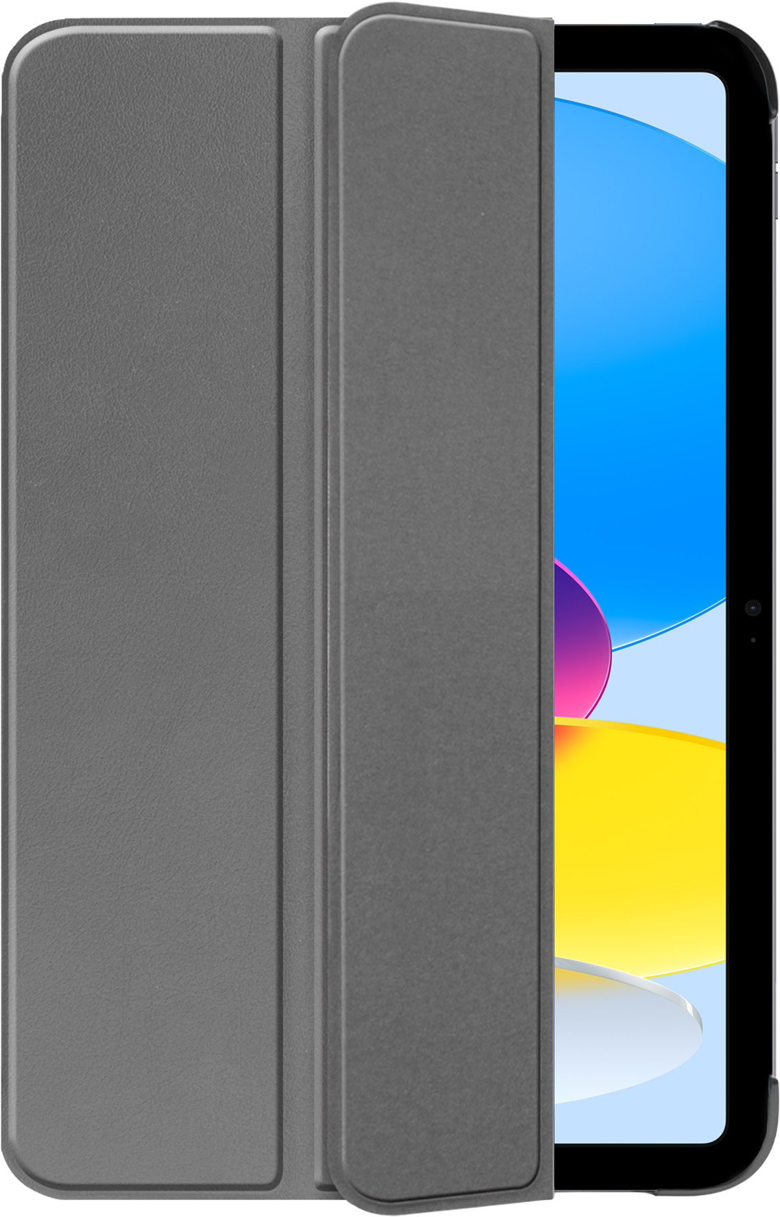 Gray tablet case with a tablet inside, partially visible.