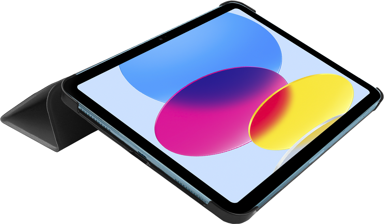 Tablet with a cover open, showing a blue and pink screen.