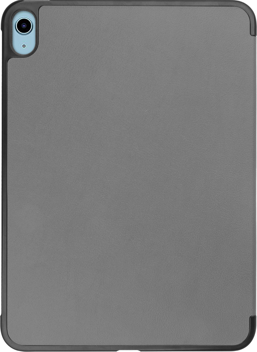 A gray iPad with a camera on the side, in a gray case.