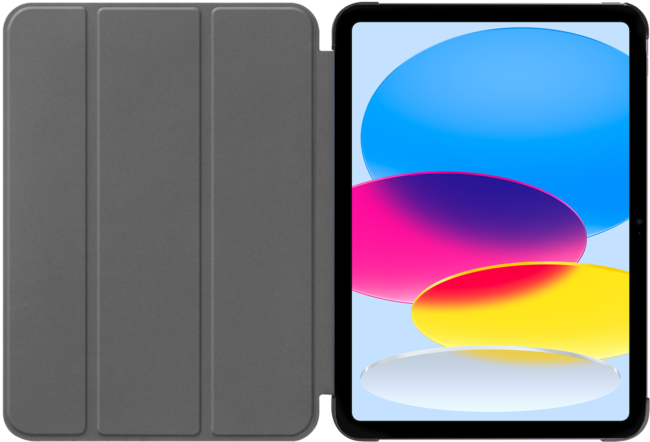 Grey iPad case open to display the iPad with a colorful background. The case is closed on the left side.