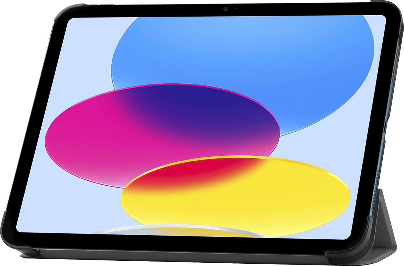 A tablet with a colorful display, set in a case. Shows blue, pink, and yellow shapes on a light blue background.