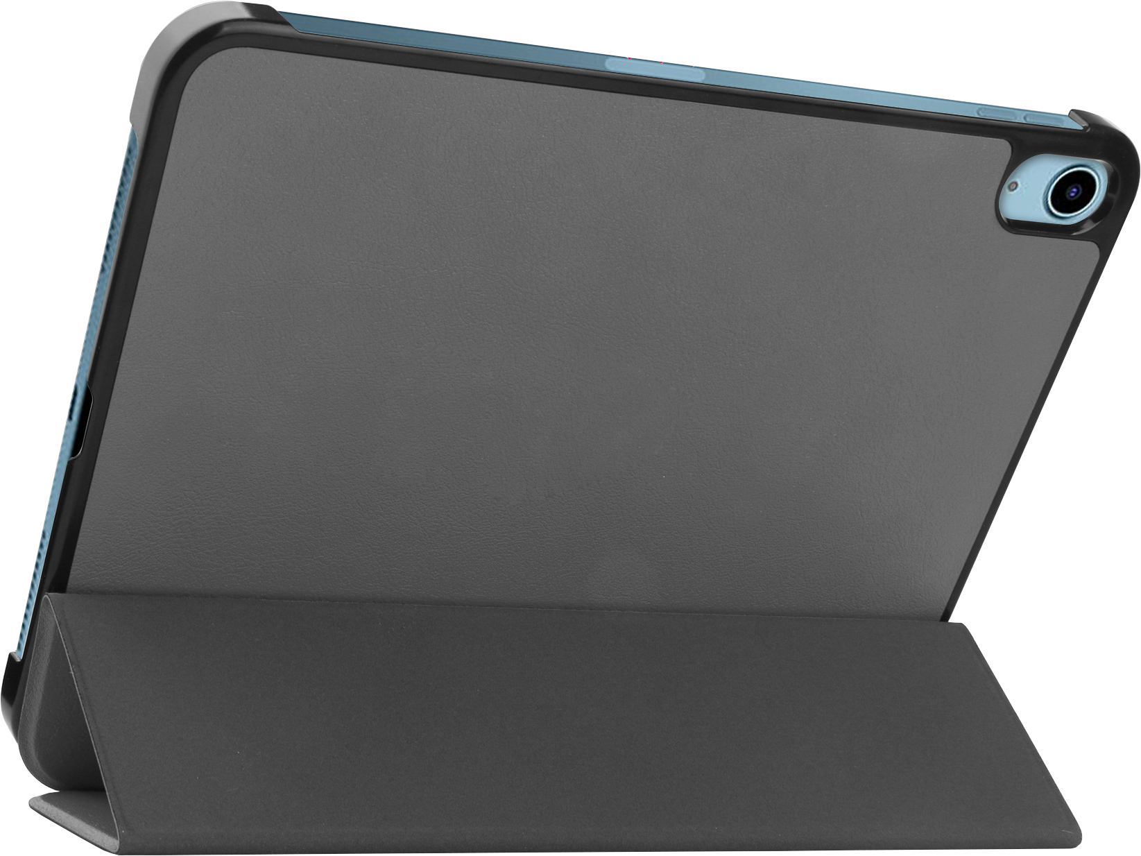 Black tablet case with an attached keyboard. The tablet is propped up.