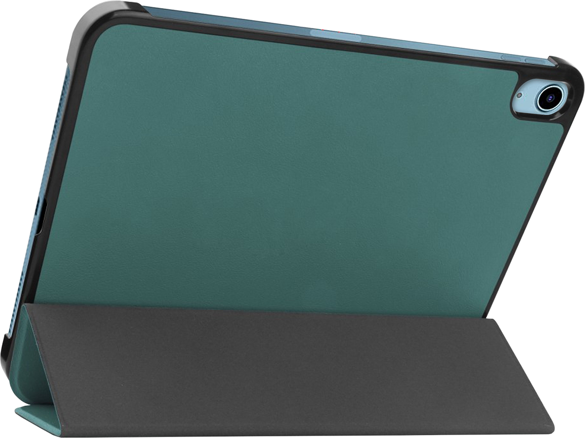 Tablet in a teal case partially open, showing the back and a stand.