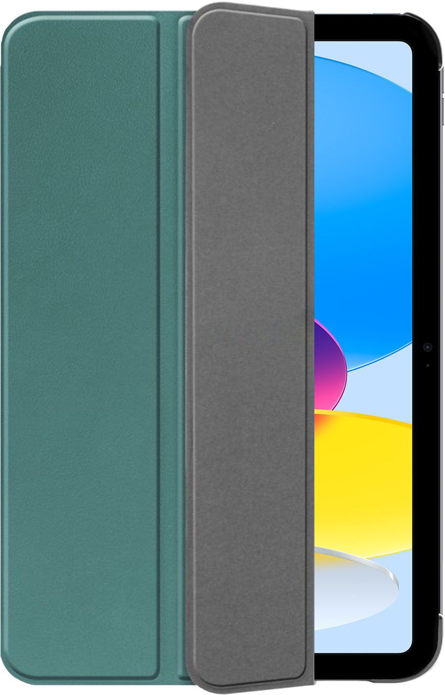 Tablet with a green cover and a gray flap. The tablet screen is visible.