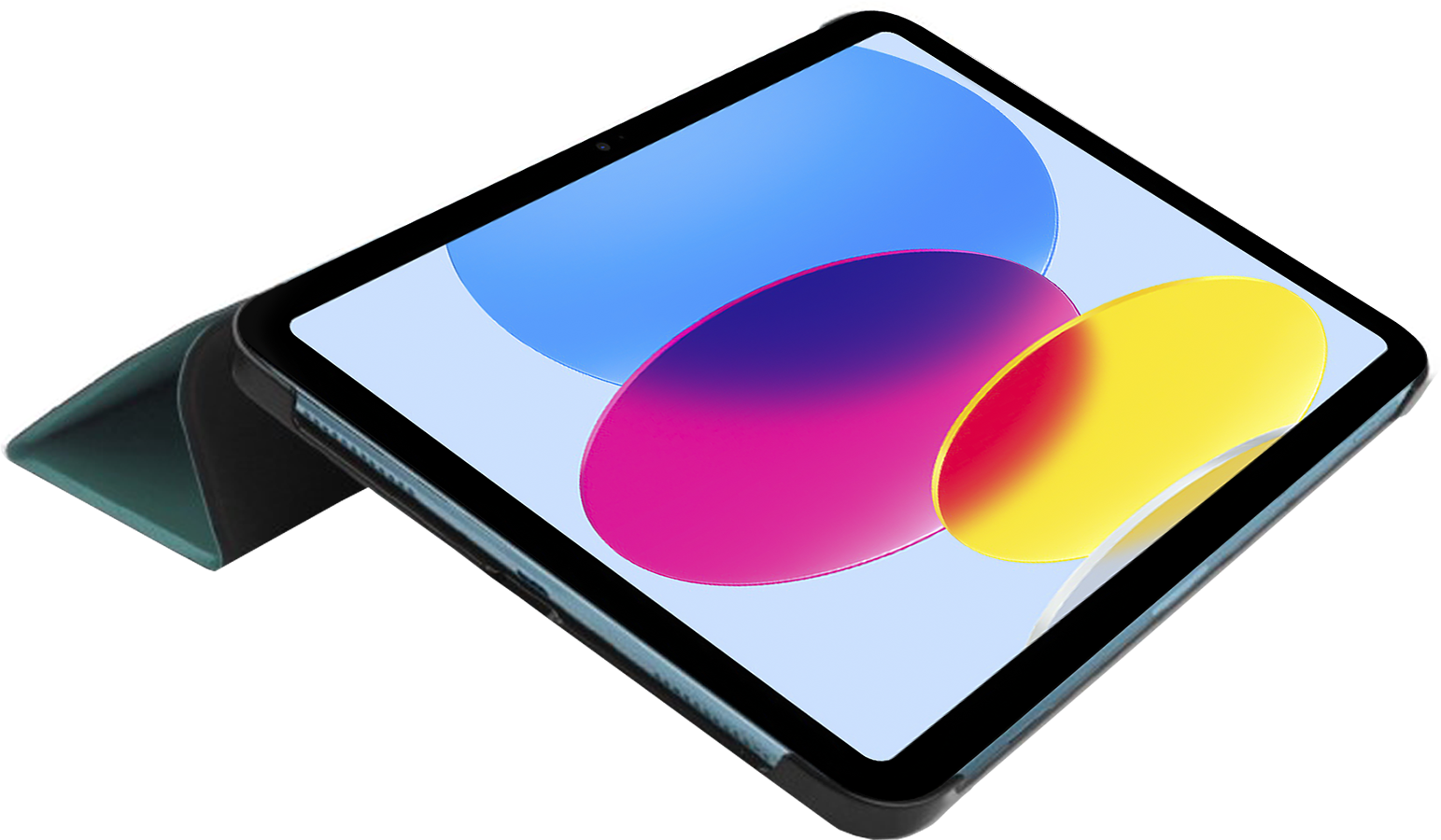An iPad with a cover. The screen displays a vibrant abstract image.